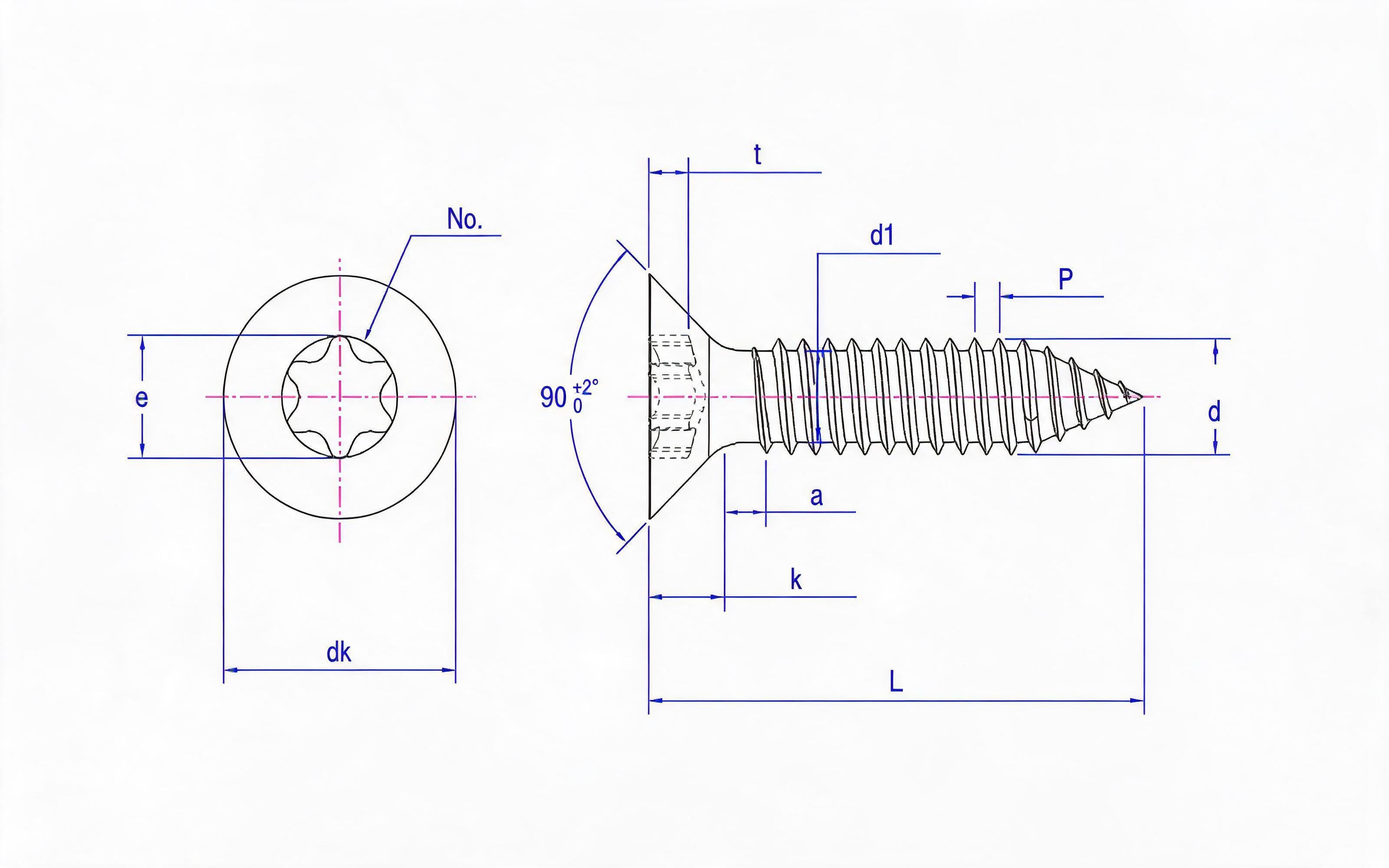 Torx recessed countersunk head self-tapping screw type C Standard Drawing