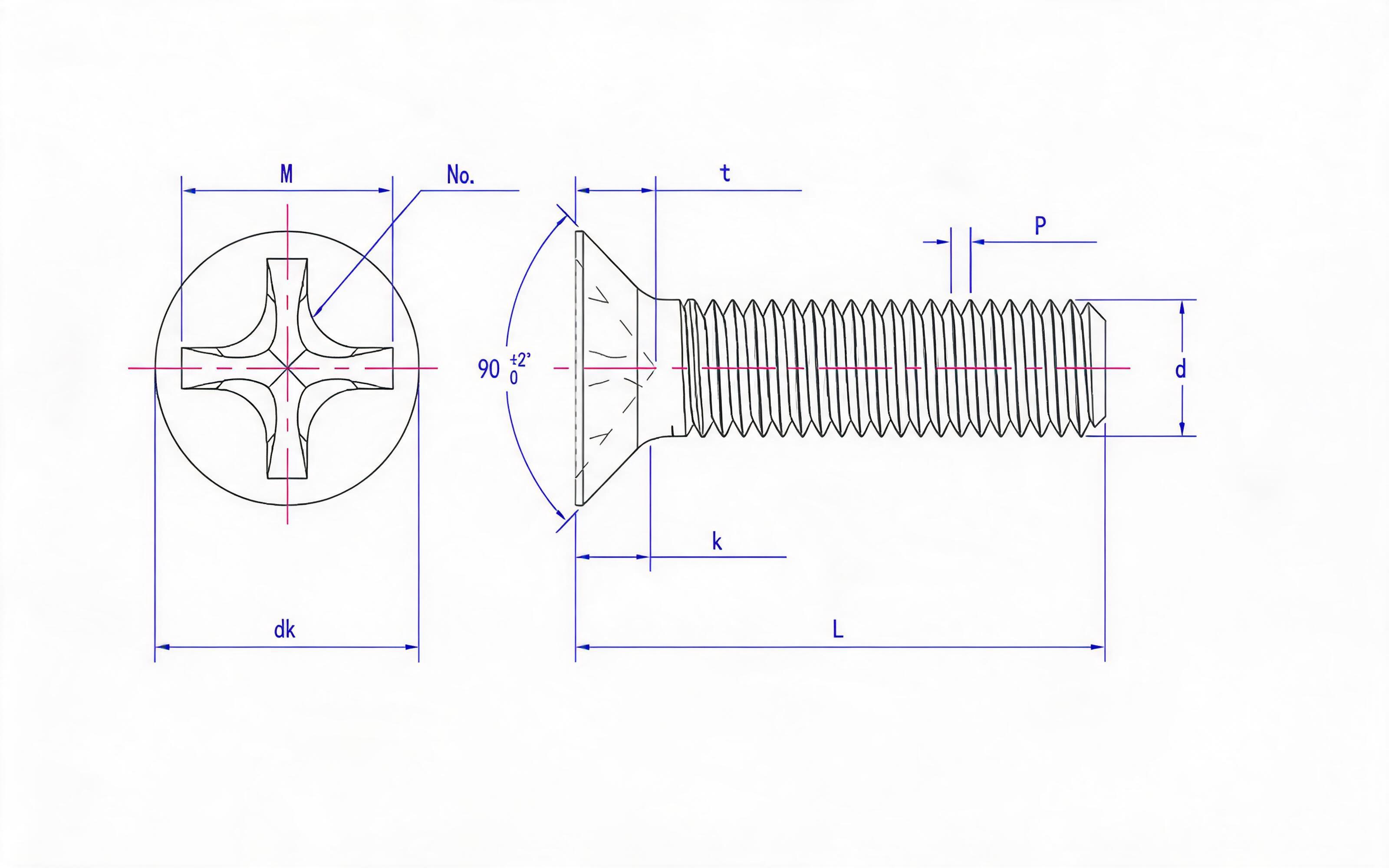 Grade 8.8, stainless steel and non-ferrous deep cross recessed countersunk head screws (H-groove) Standard Drawing