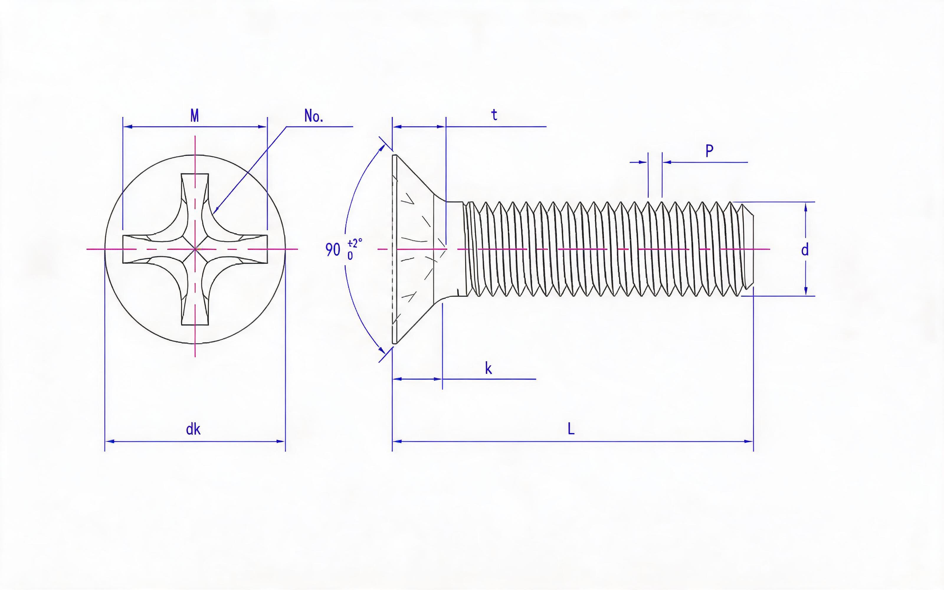 Grade 8.8, stainless steel and non-ferrous deep cross recessed countersunk head screws (H-groove) Standard Drawing