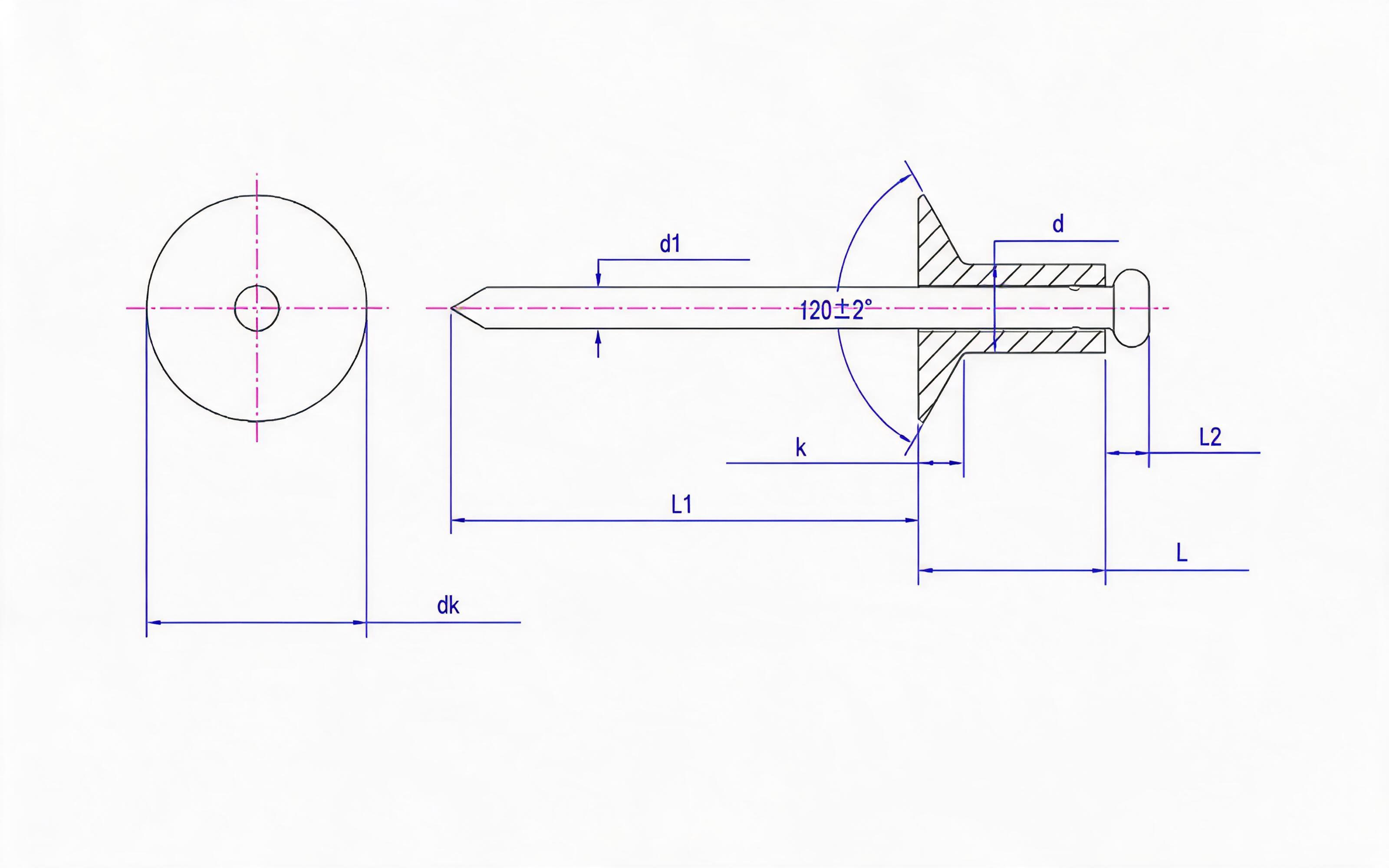 Open end countersunk head pop rivet Standard Drawing