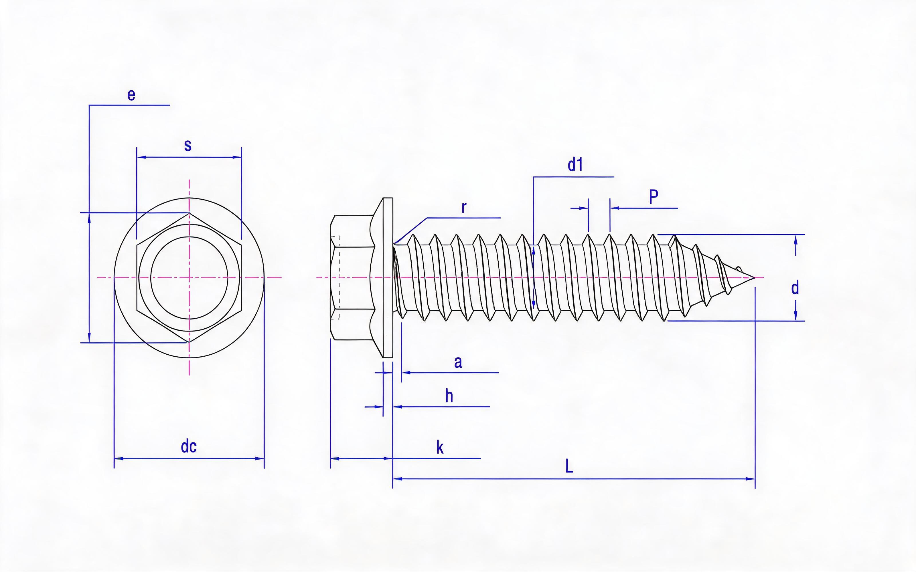 Hexagon flange self-tapping screw type C Standard Drawing