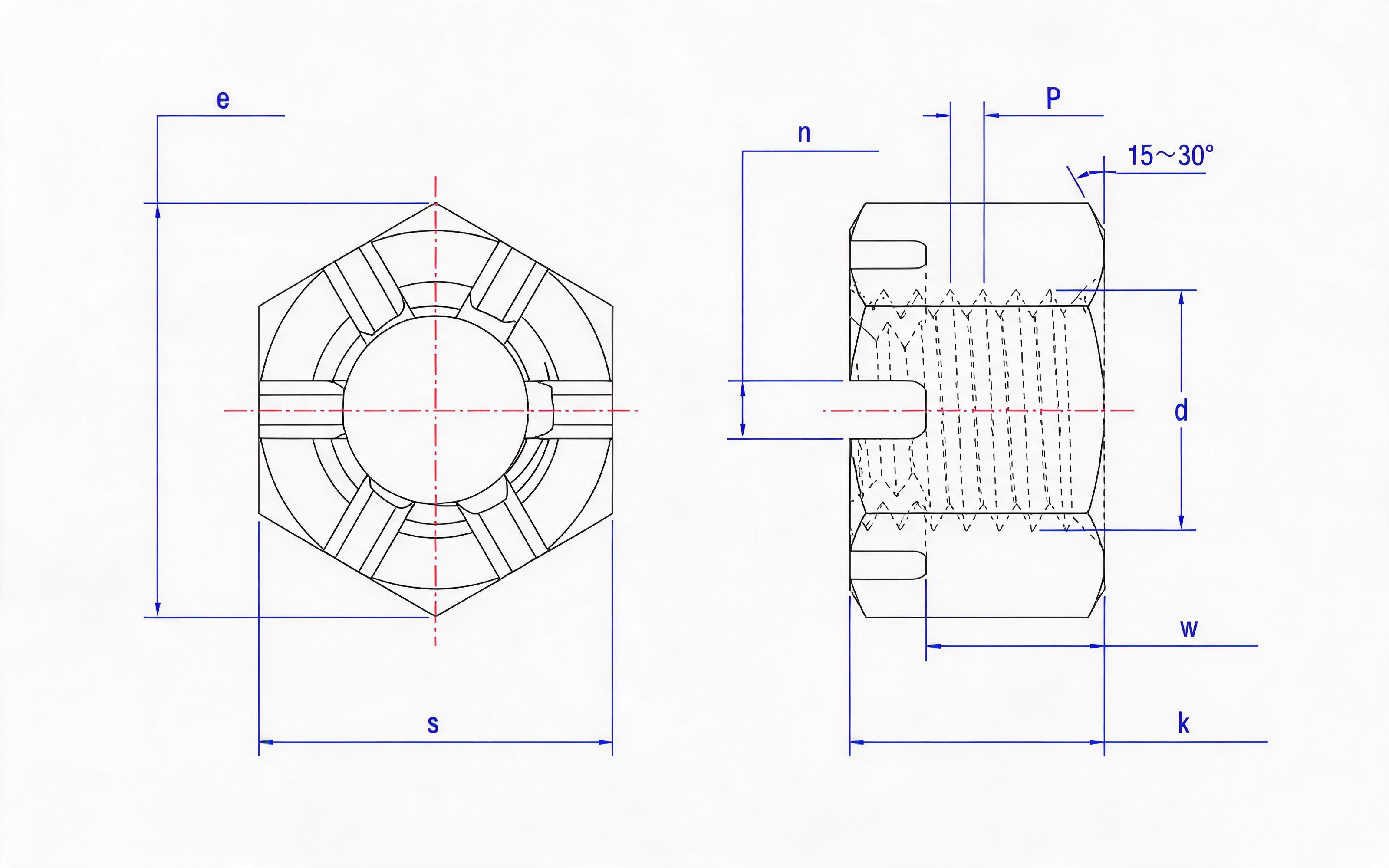 Hexagon castle nut (big opposite side) Standard Drawing