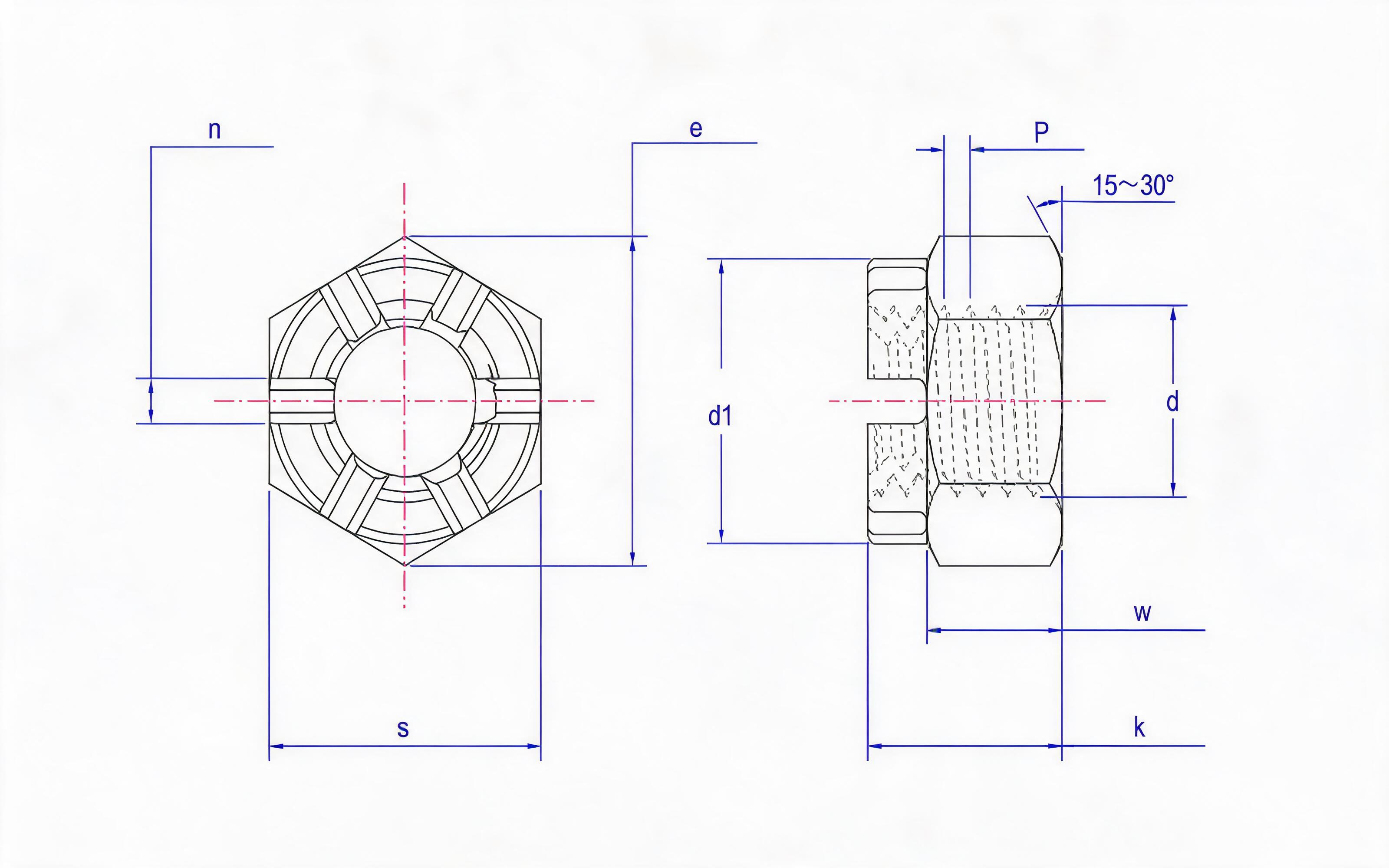 Type 1 Slotted Crown Nut Standard Drawing