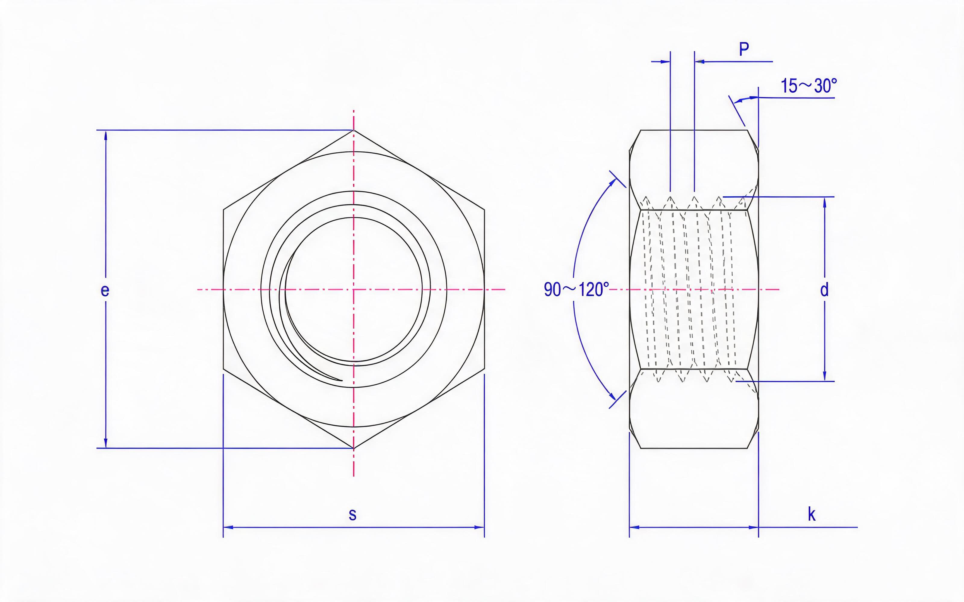 Type 2 hexagon fine thread nut Standard Drawing