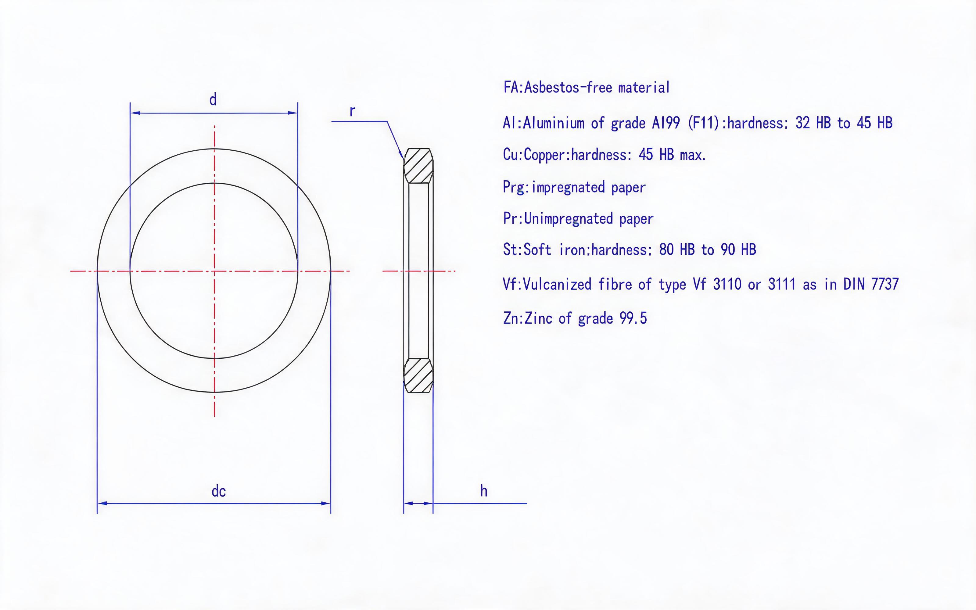 D-type minimum sealing washer (FA Al CuPrg Pr St Vf Zn) Standard Drawing