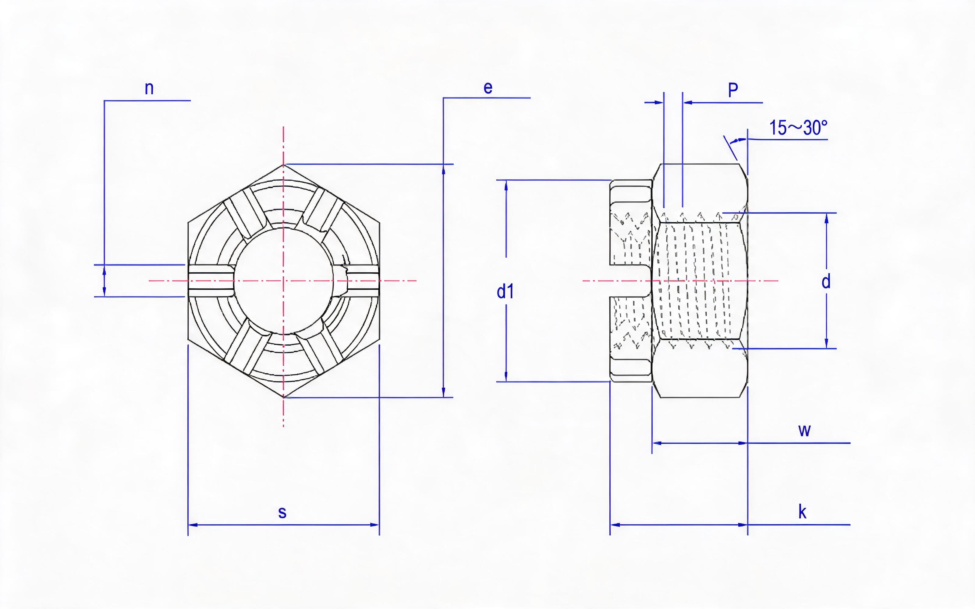 Slotted Crown Nut (Large Opposite Side) Standard Drawing