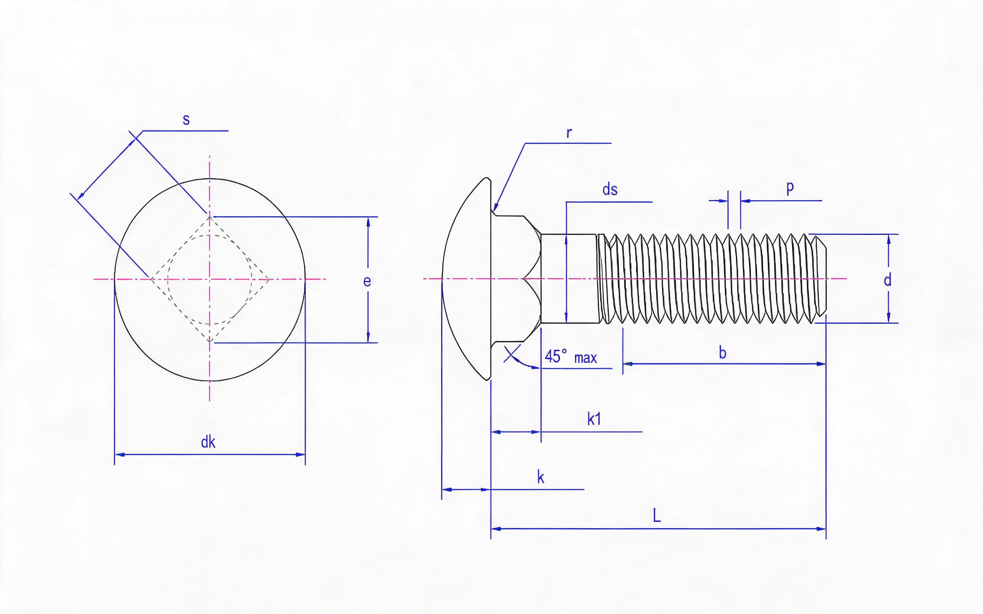 Large round head square neck bolt Standard Drawing