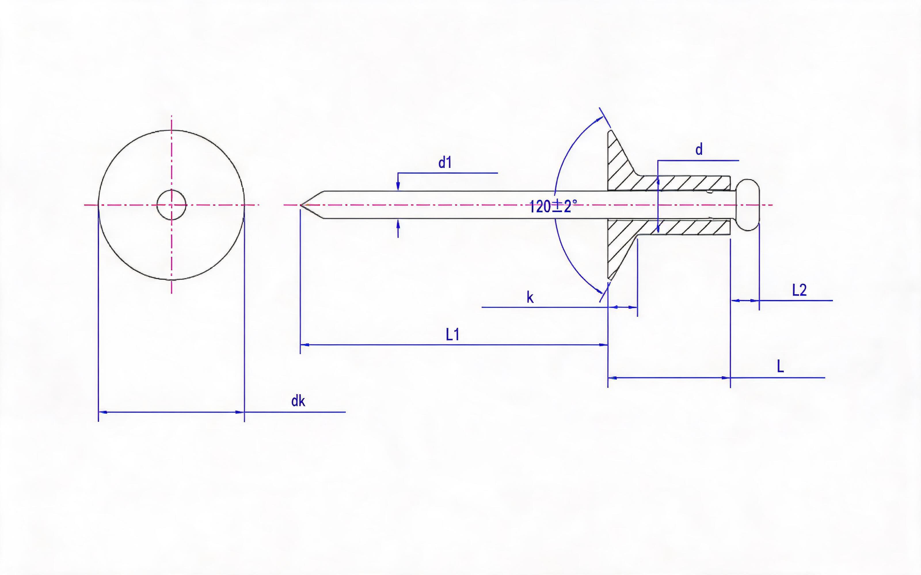 Open end countersunk head pop rivet Standard Drawing