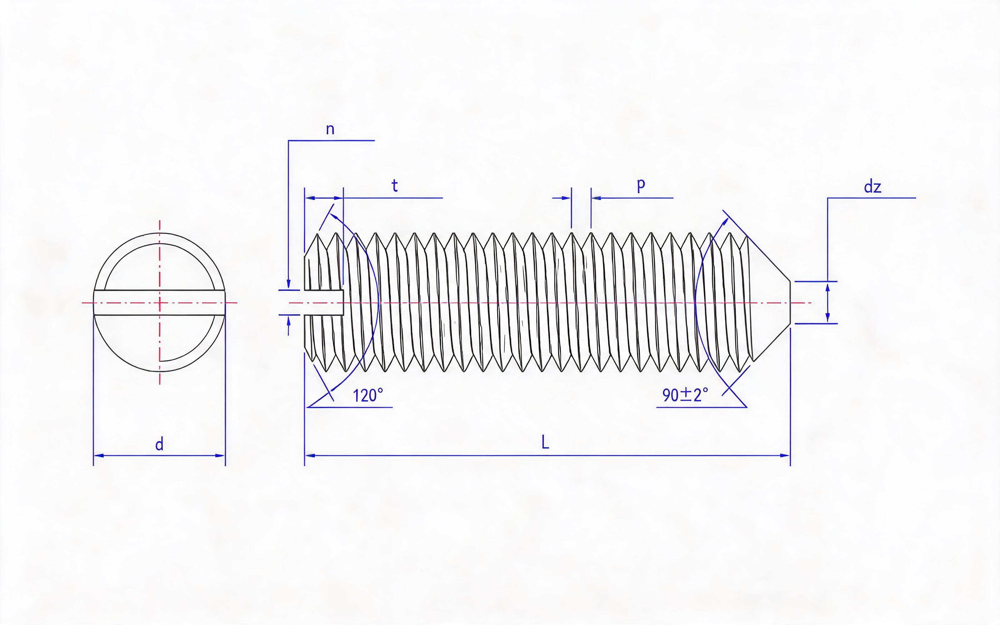 Slotted taper end set screw Standard Drawing