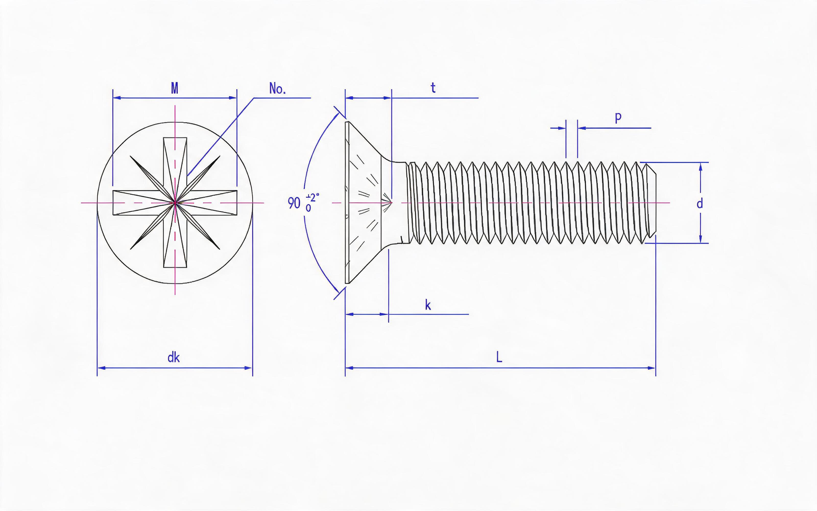 Grade 8.8, stainless steel and non-ferrous light herringbone groove countersunk head screw (Z-groove) Standard Drawing