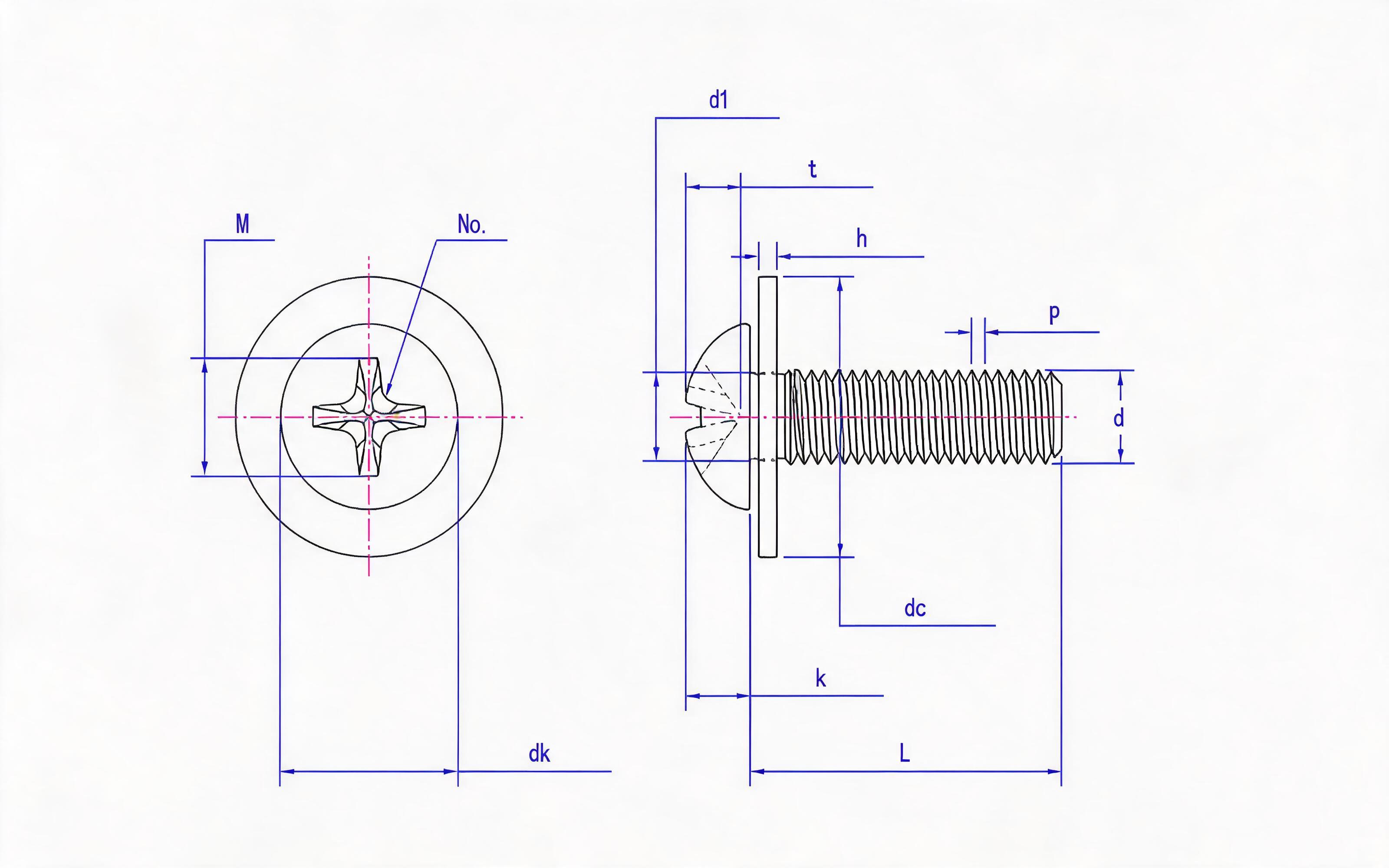 Cross recessed pan-head screw (H-groove) and large flat washer combination (ISO 7045) Standard Drawing