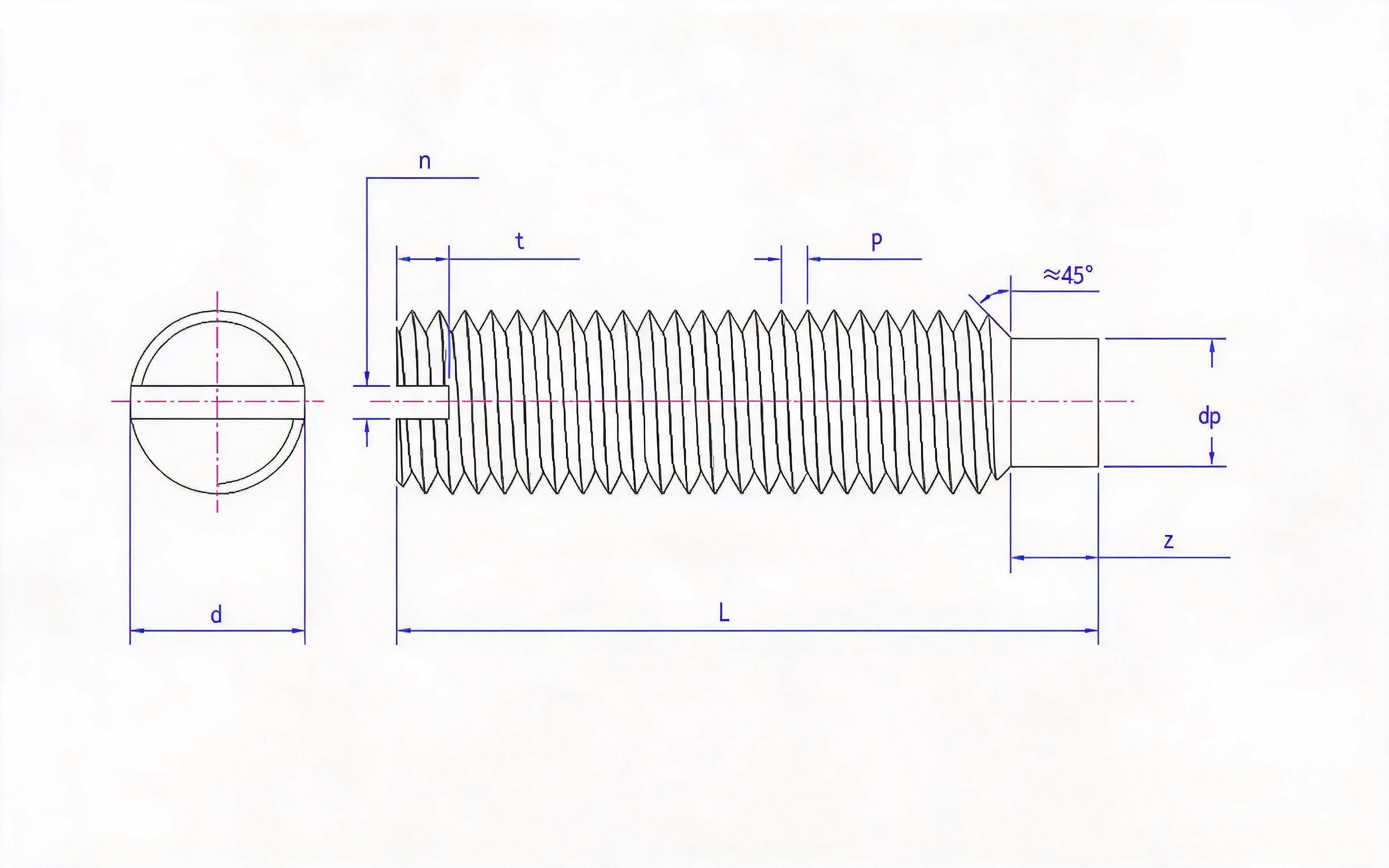 SLOTTED LONG CYLINDRICAL END SET SCREW Standard Drawing