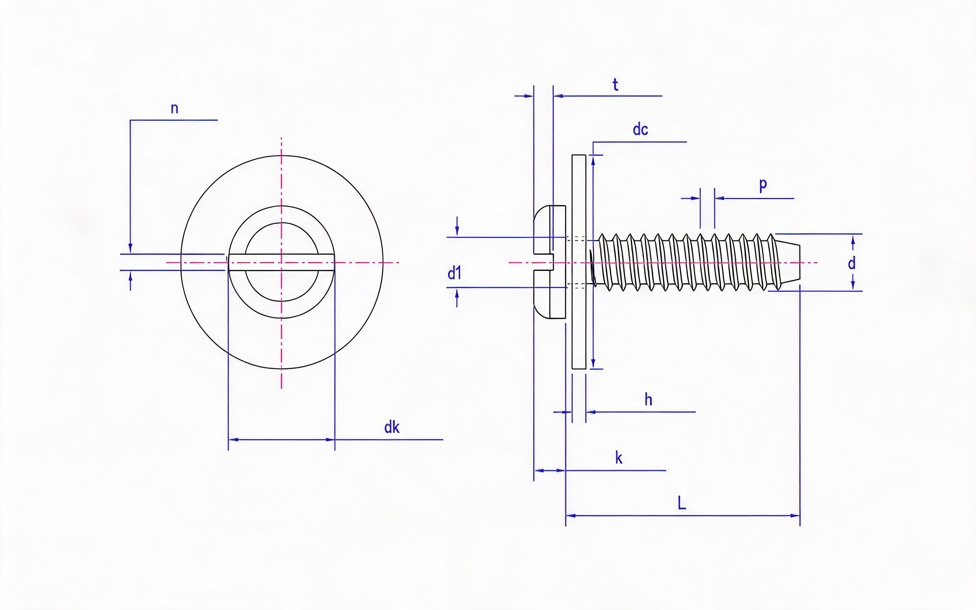 Slotted panhead self-tapping screw and large flat washer combination type F Standard Drawing
