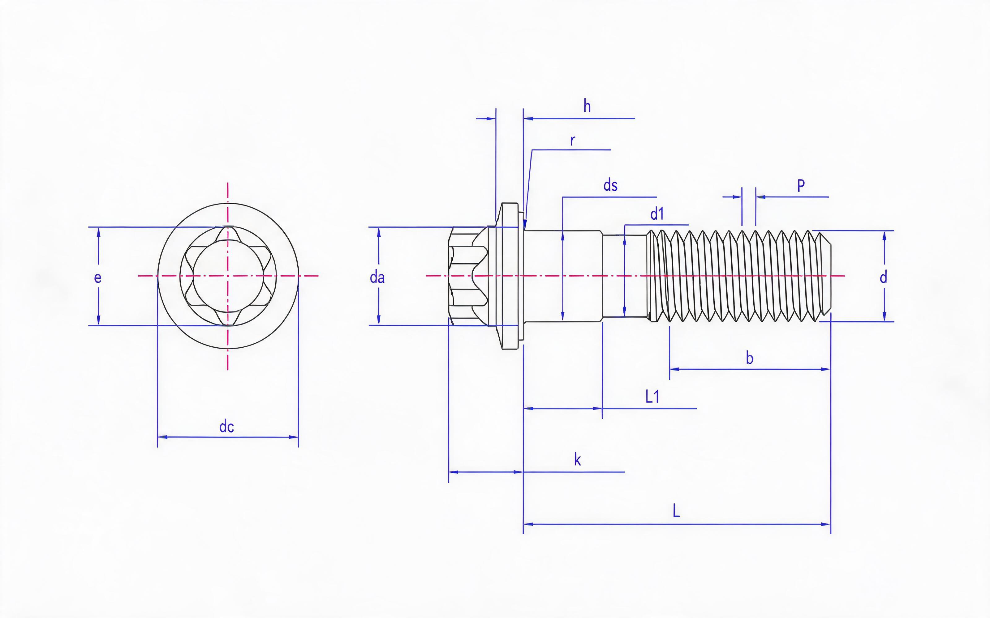 Small flange bolt of torx head fine rod (L>10d) Standard Drawing
