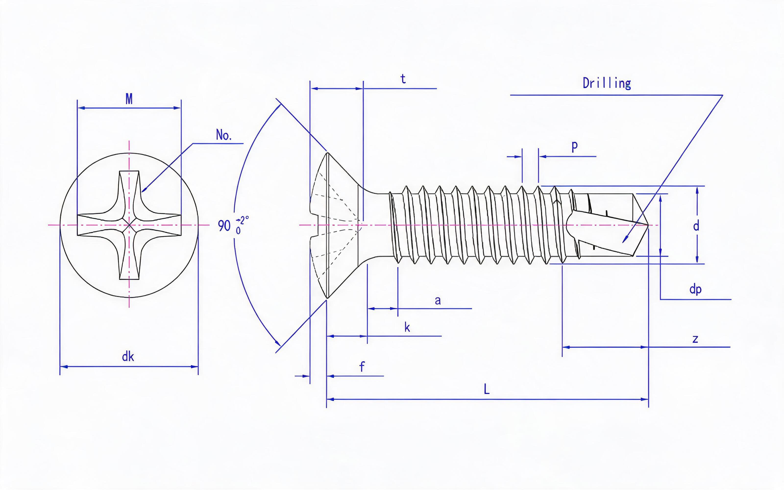 Cross recessed countersunk head self-tapping screw (H type) Standard Drawing