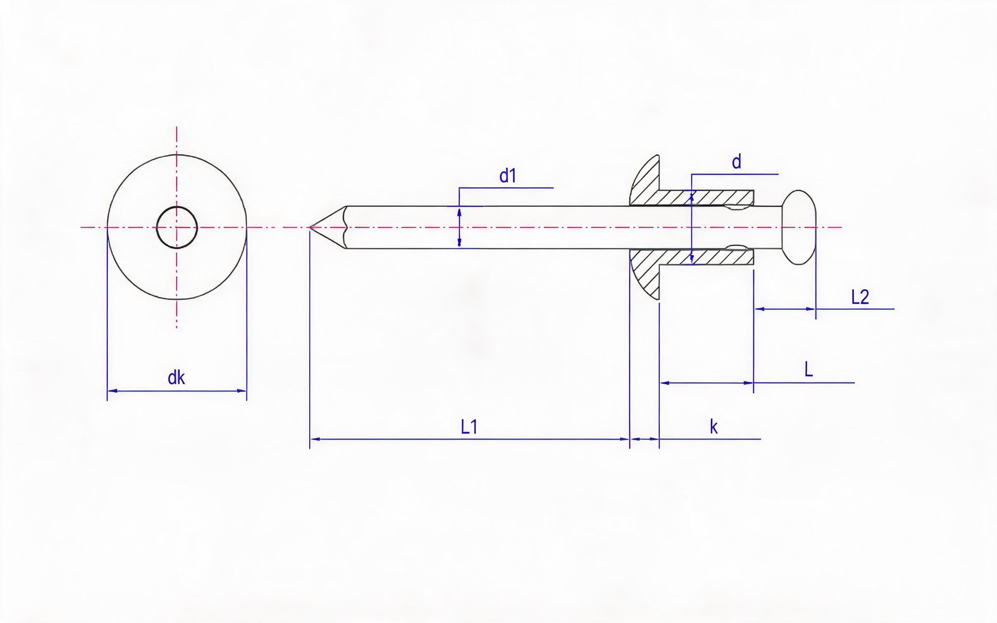 Open-type flat round head self-plugging rivets - Grades 10 and 11 Standard Drawing