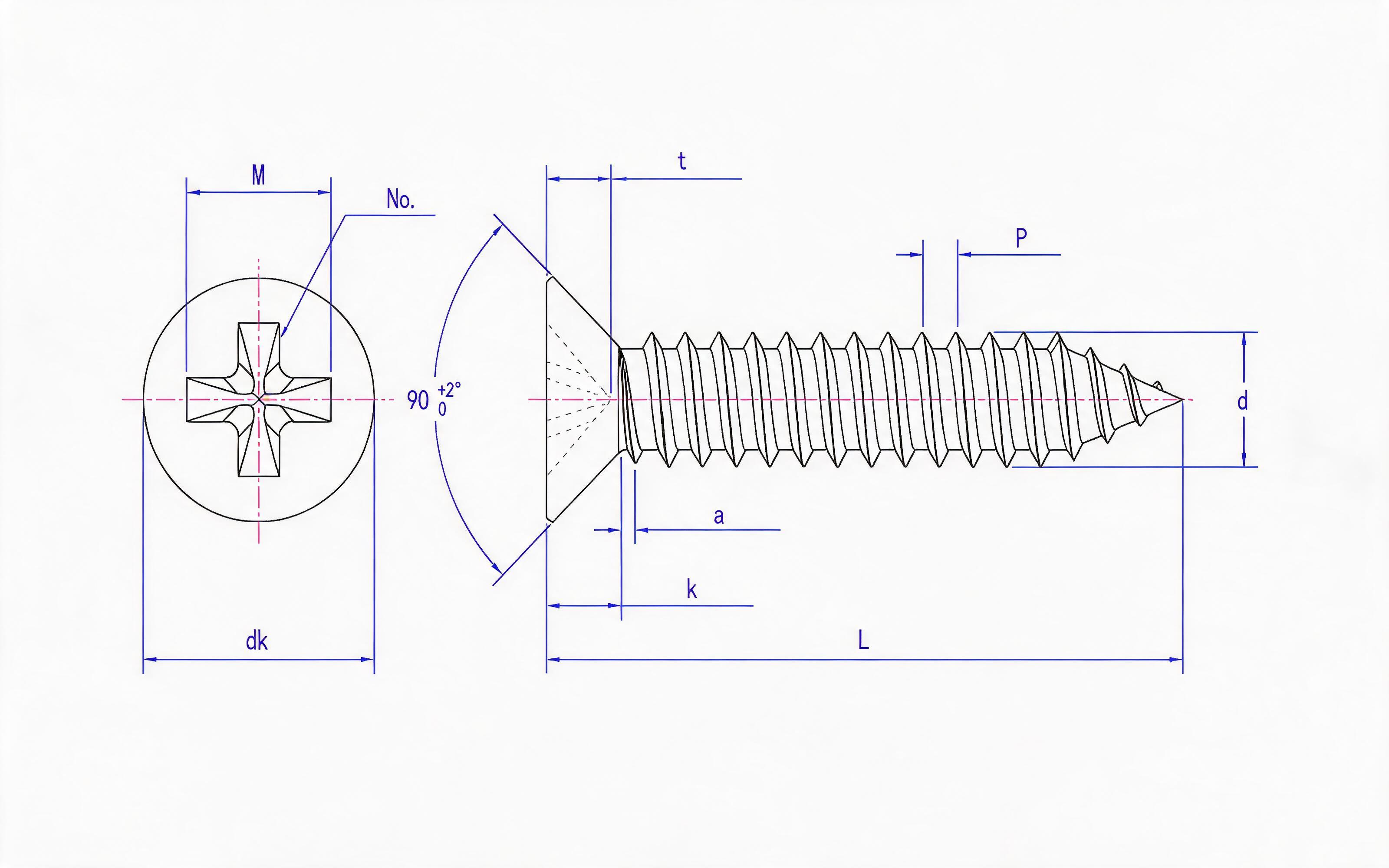 Cross recessed countersunk head self-tapping screw Type C Standard Drawing