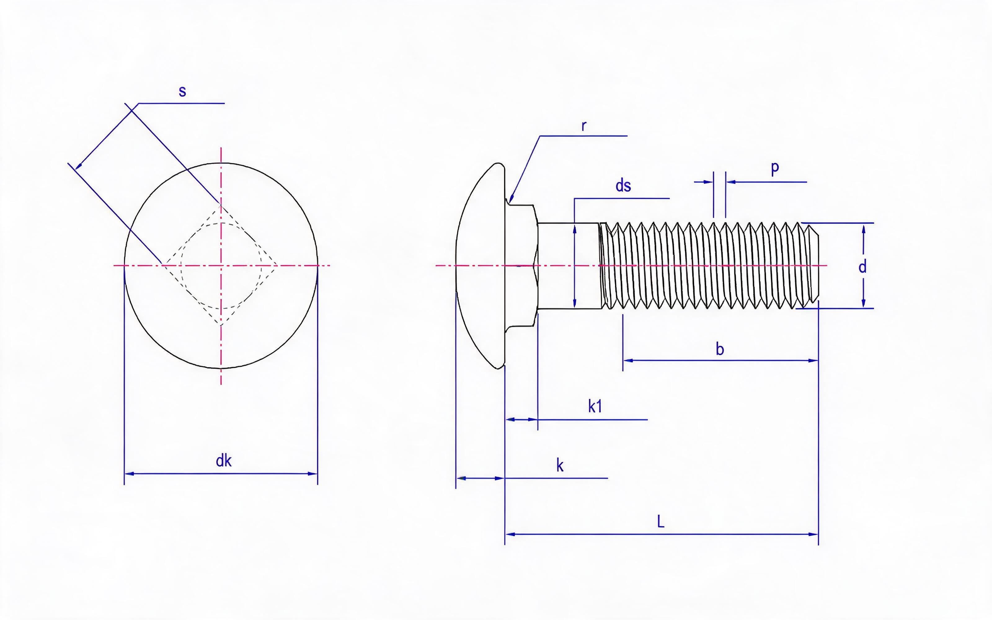 Small round head low square neck bolt Standard Drawing