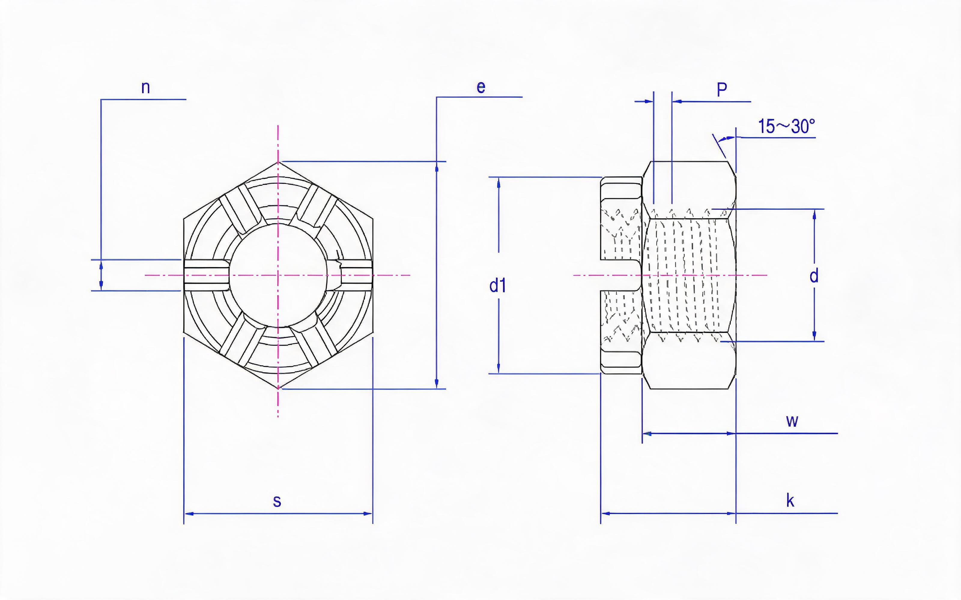 Type 2 Slotted Crown Nut Standard Drawing