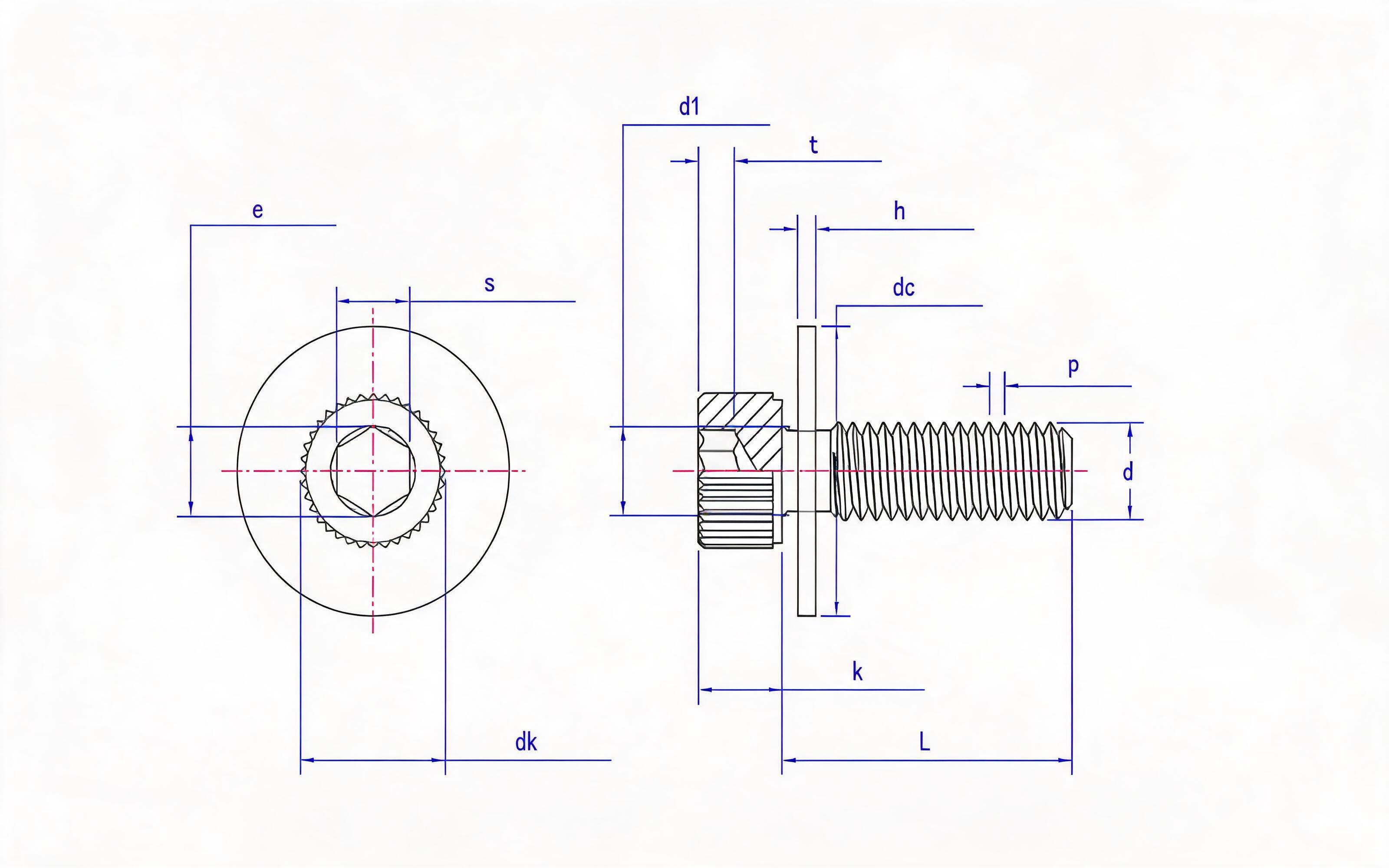 Knurled hexagon socket head cap screw and large flat washer combination (ISO 4762) Standard Drawing