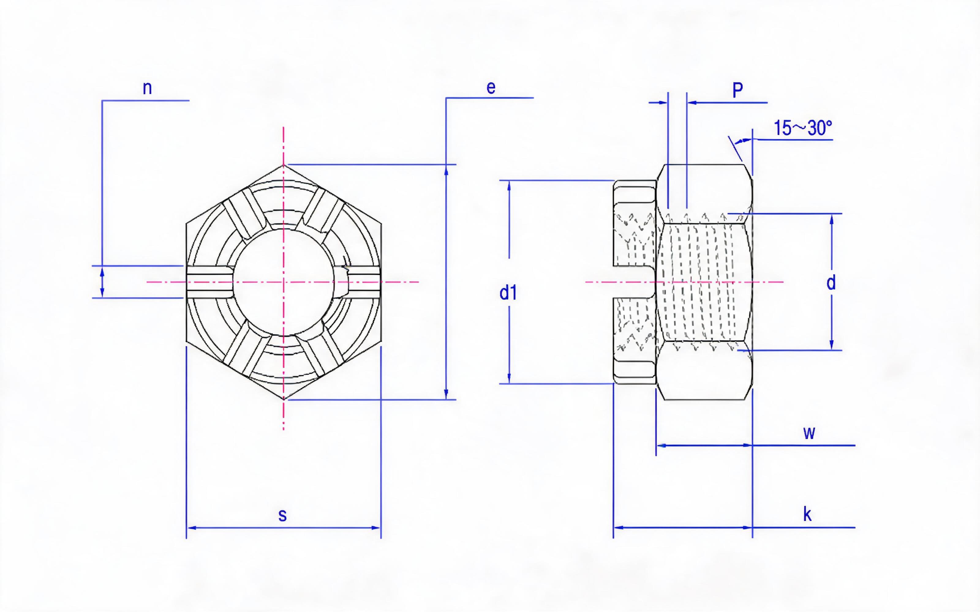 Type 1 Slotted Crown Nut Fine Thread Standard Drawing