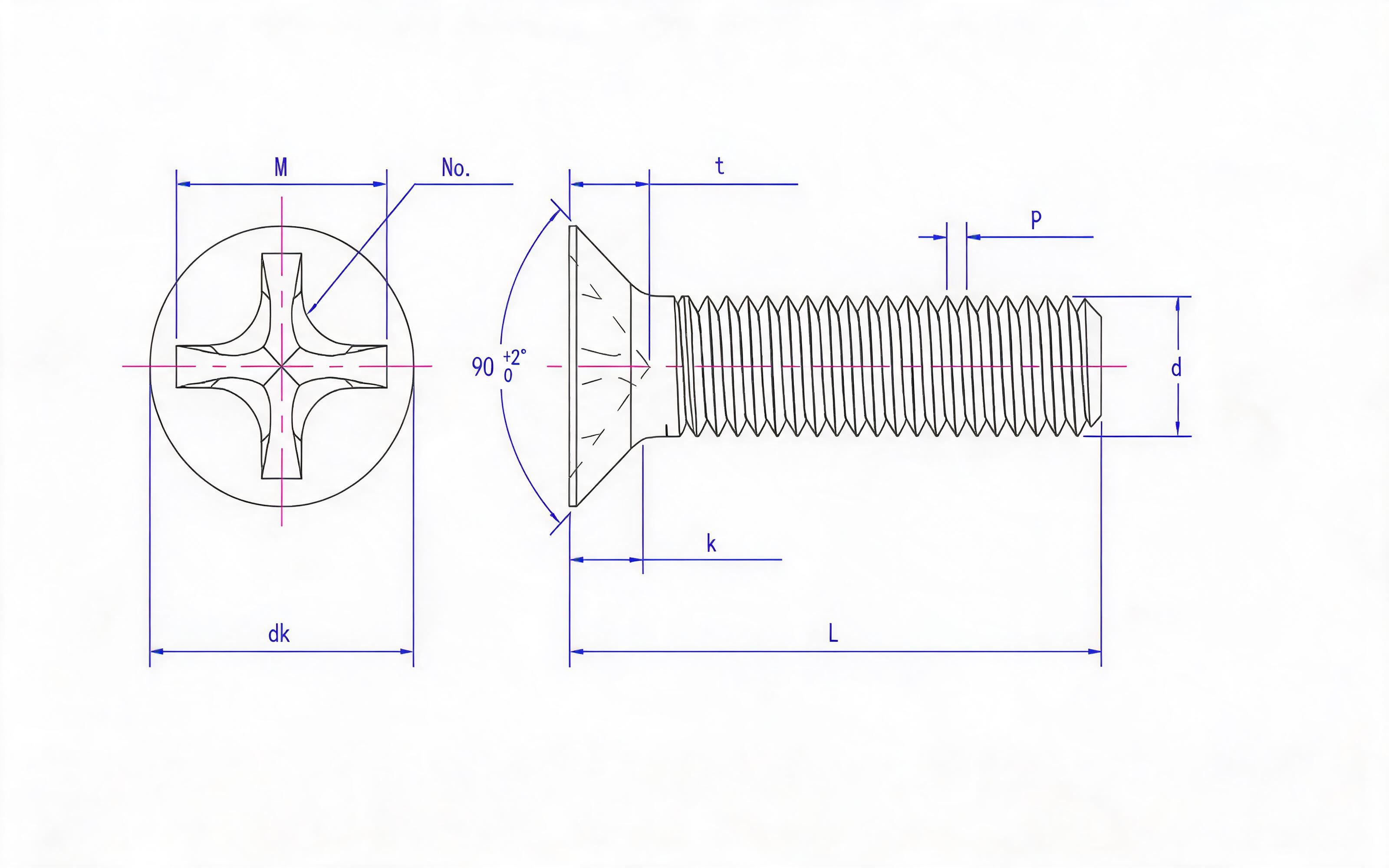 Grade 4.8 Cross recessed countersunk head screw (H-groove) Standard Drawing