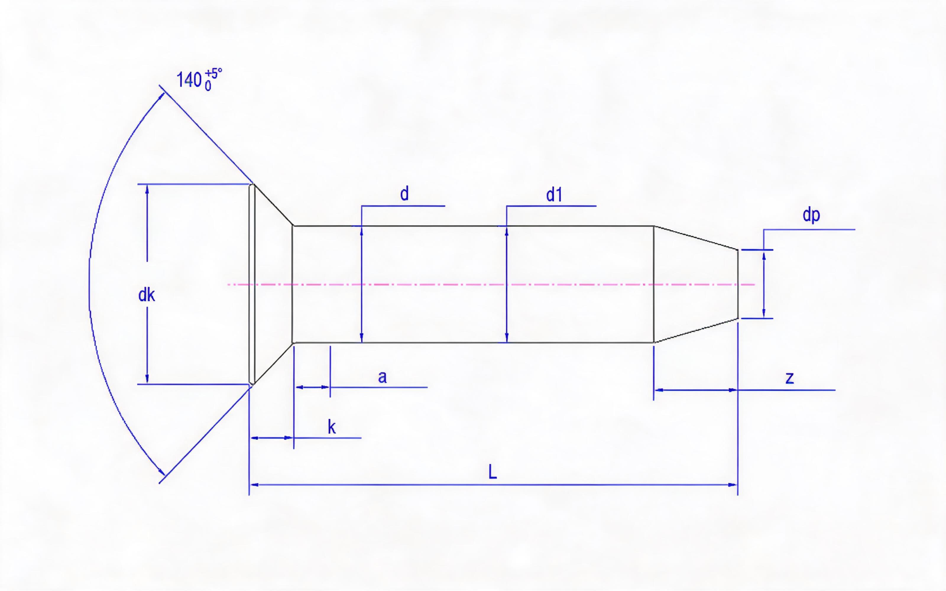 Countersunk taper end rivets (diameter 3 to 5mm) Standard Drawing