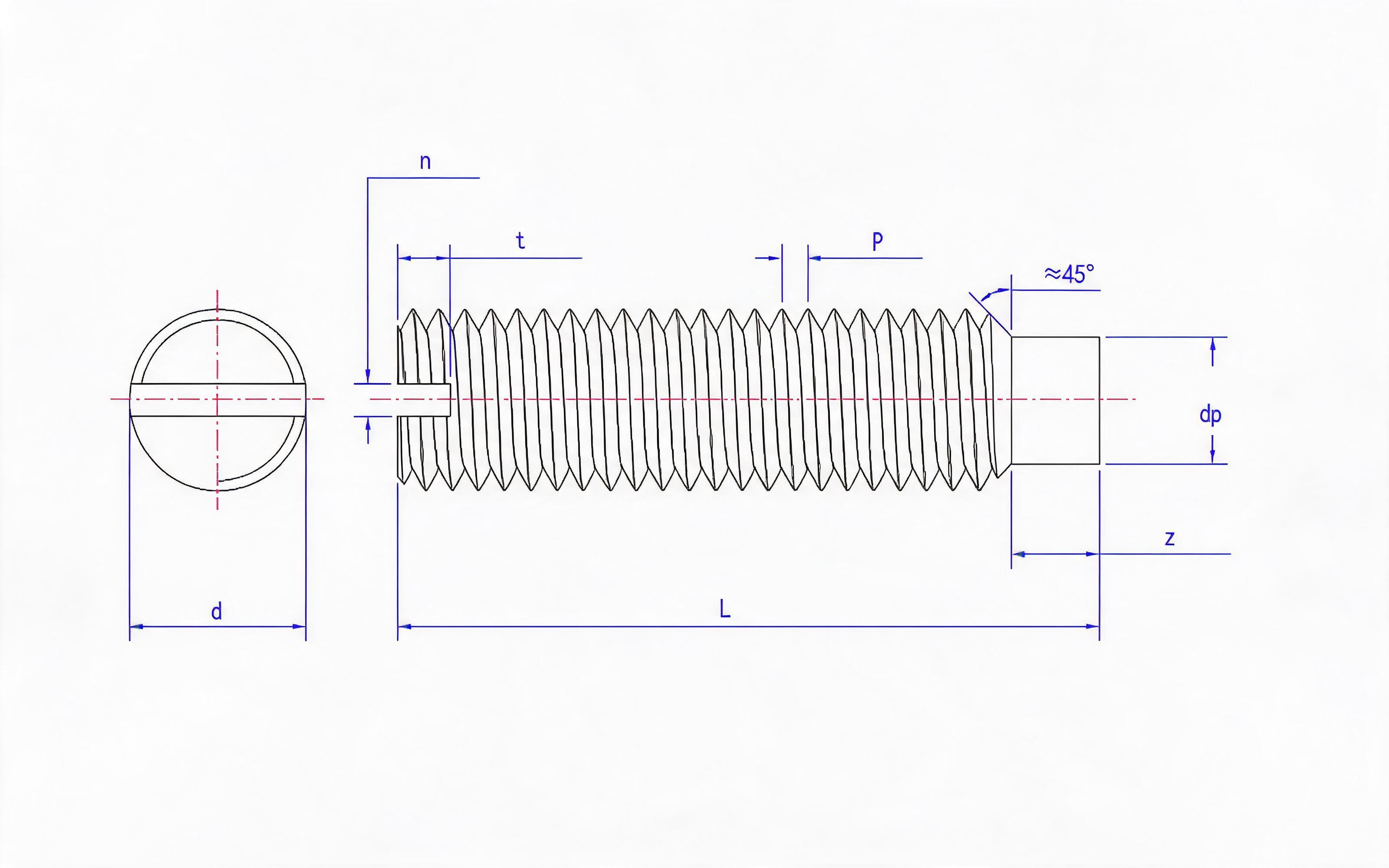 SLOTTED LONG CYLINDRICAL END SET SCREW Standard Drawing