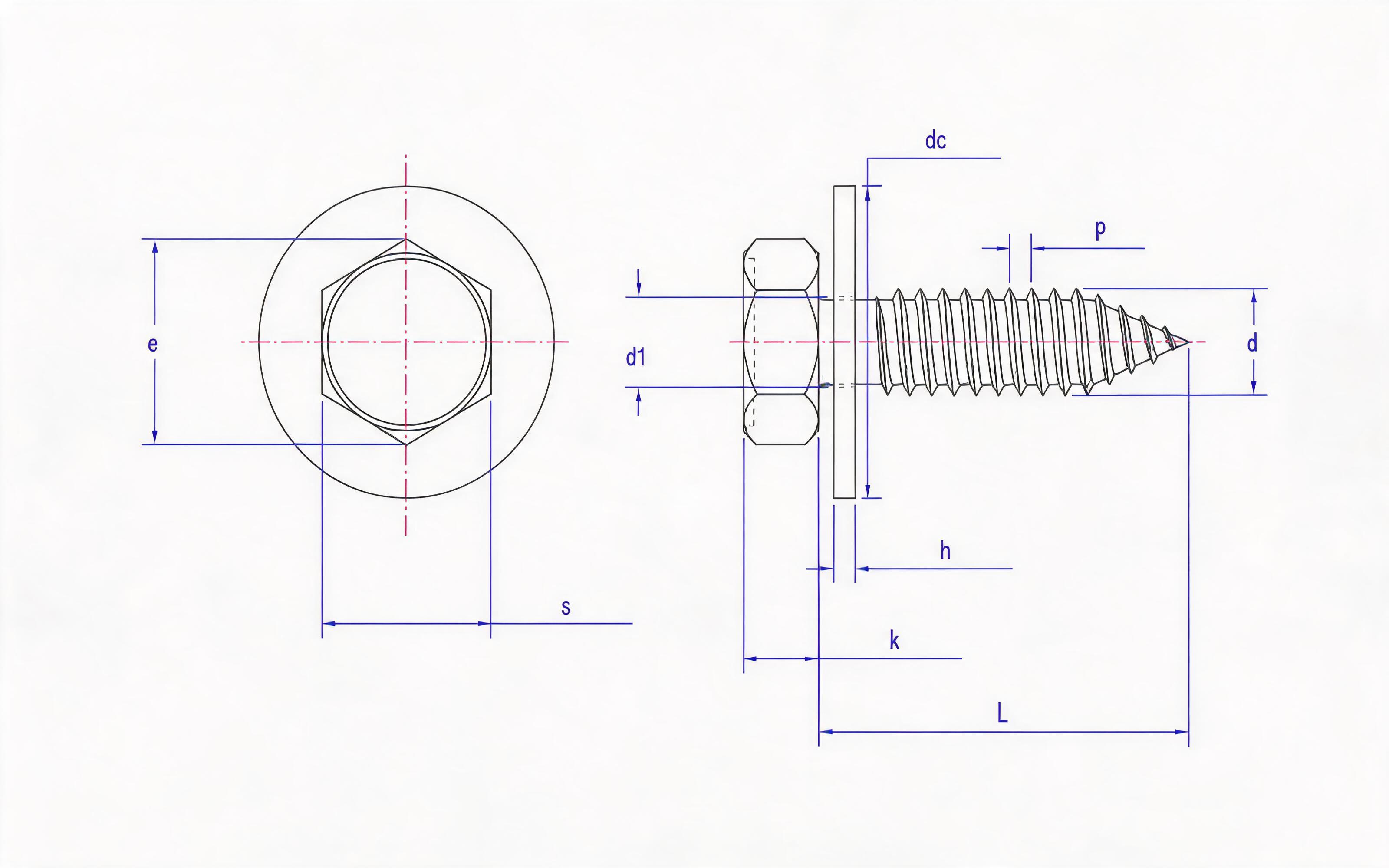 Hexagon self-tapping screw and large flat washer combination Type C Standard Drawing