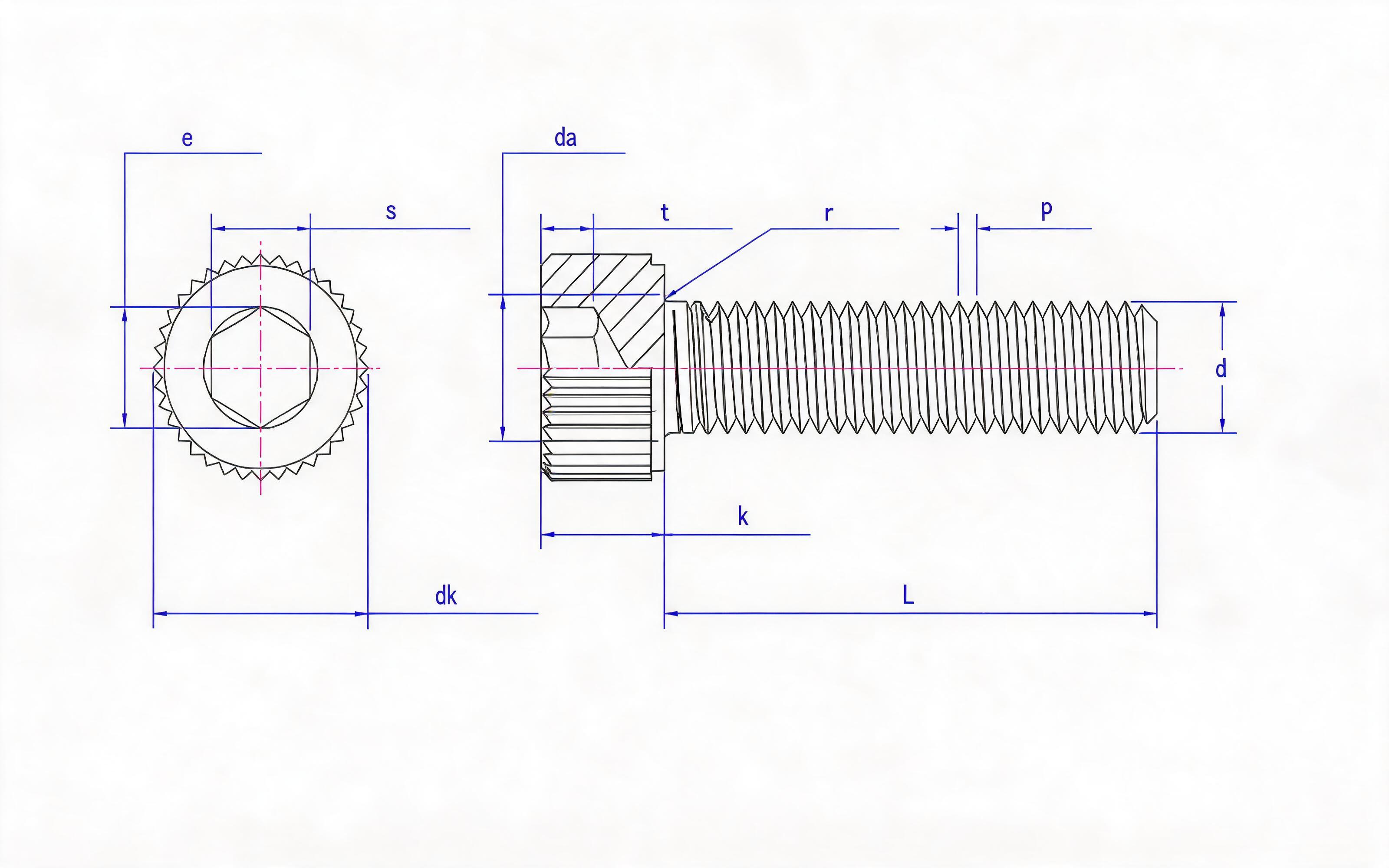 Knurled hexagon socket fine thread cheese head screw Standard Drawing