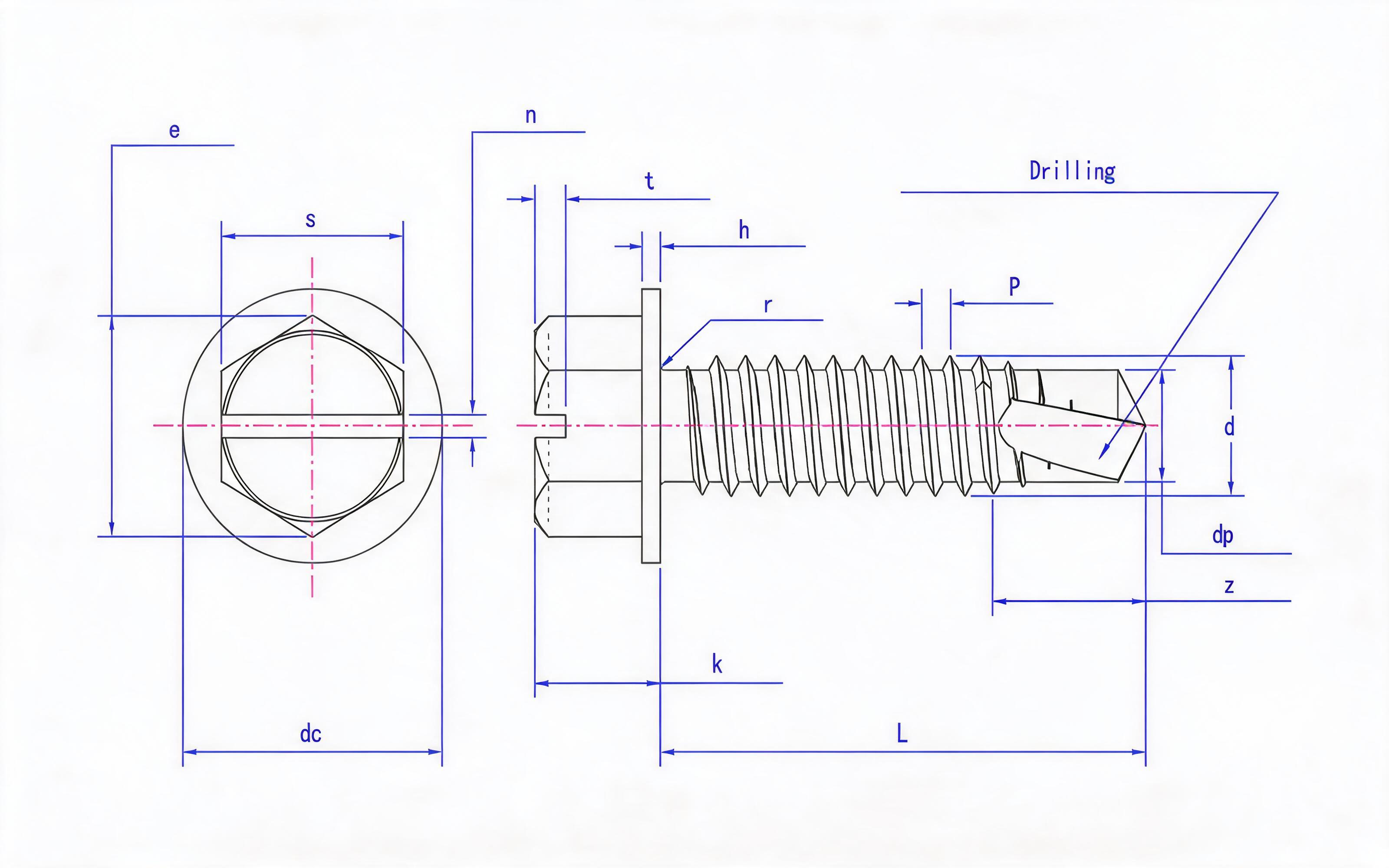Slotted hexagon self-tapping screw with intermediate drill tail Standard Drawing