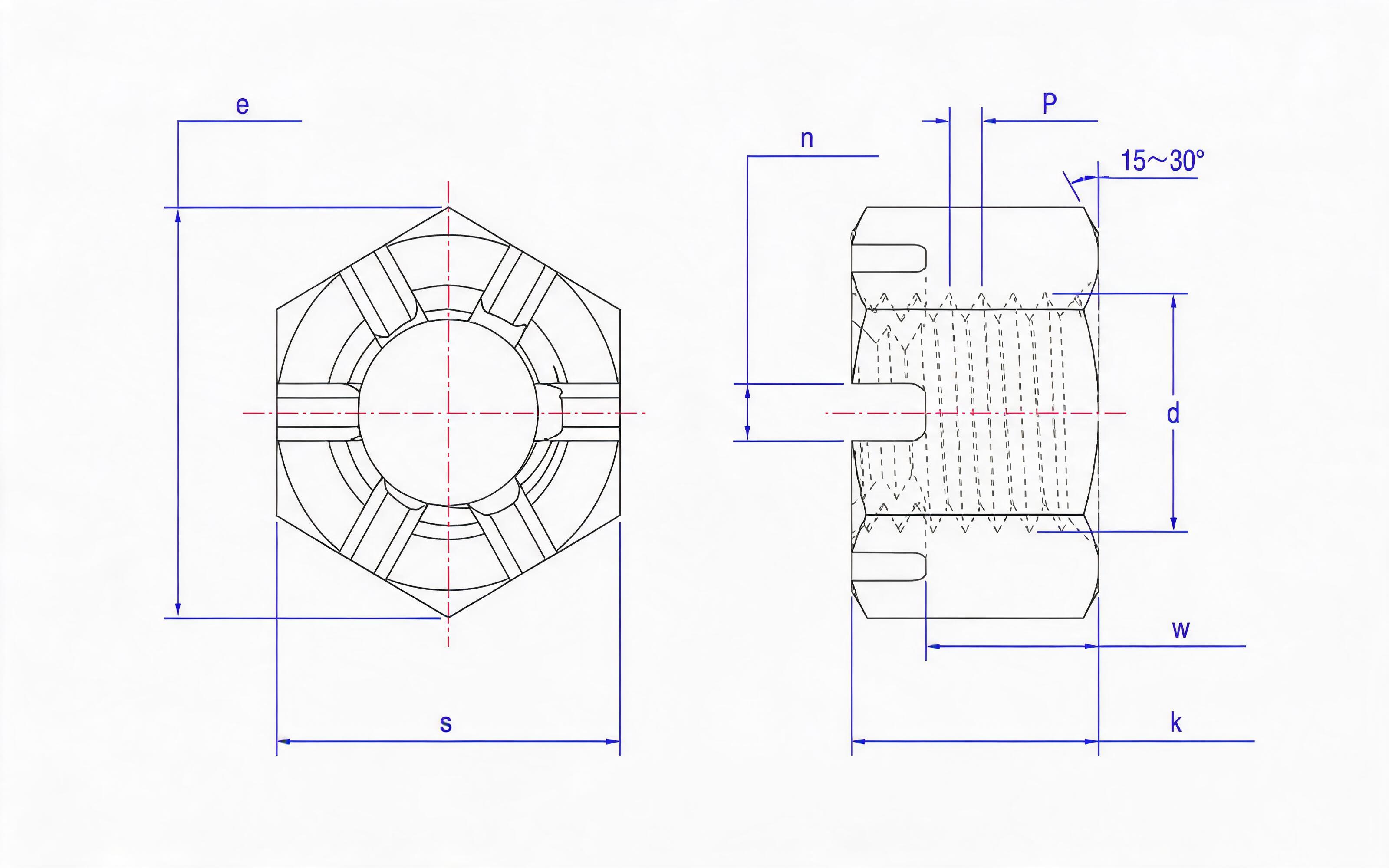 Slotted Hex Nut  Standard Drawing