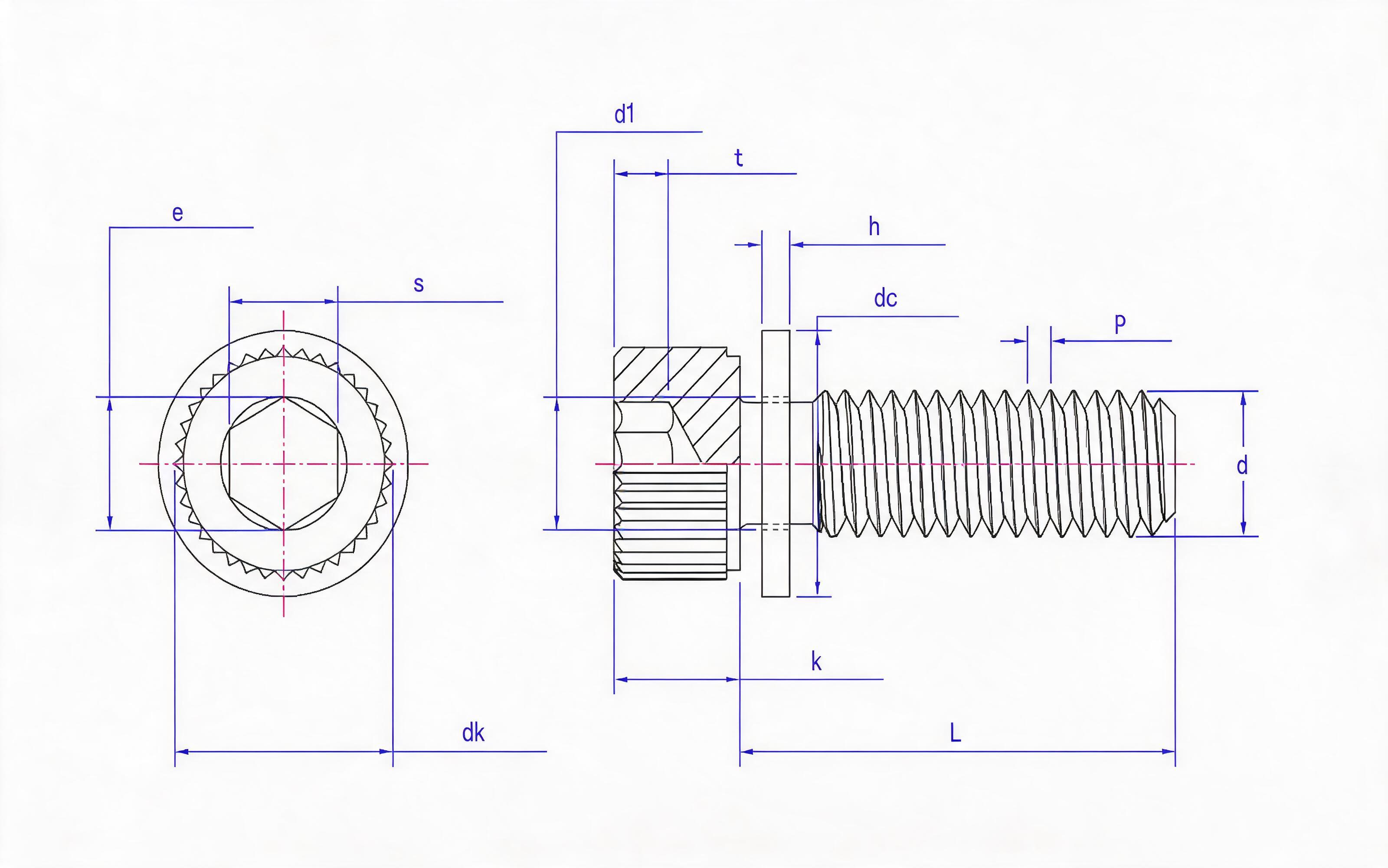 Knurled hexagon socket head cap screw and small flat washer combination (ISO 4762) Standard Drawing