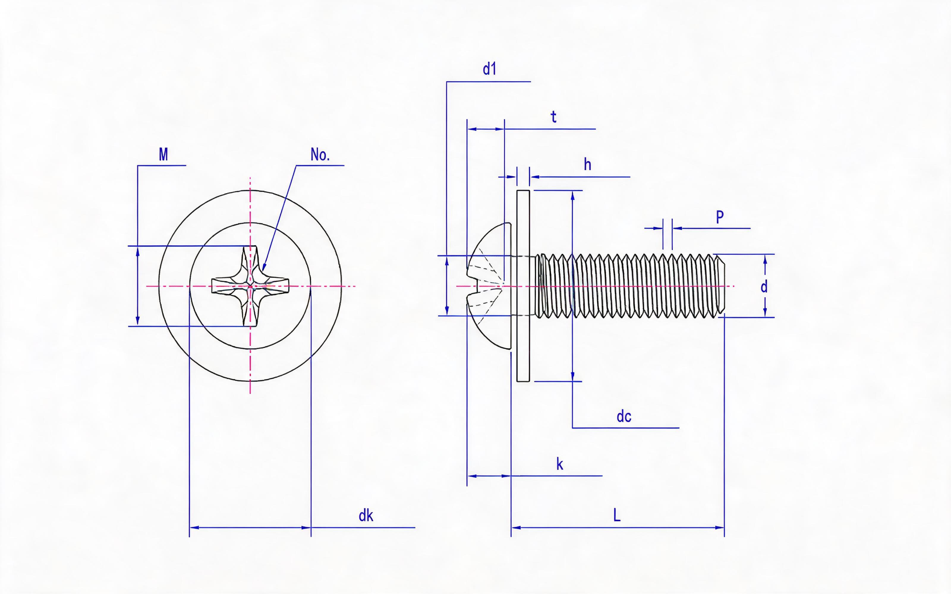 Cross recessed panhead screw (H-shaped groove) and large flat washer combination Standard Drawing
