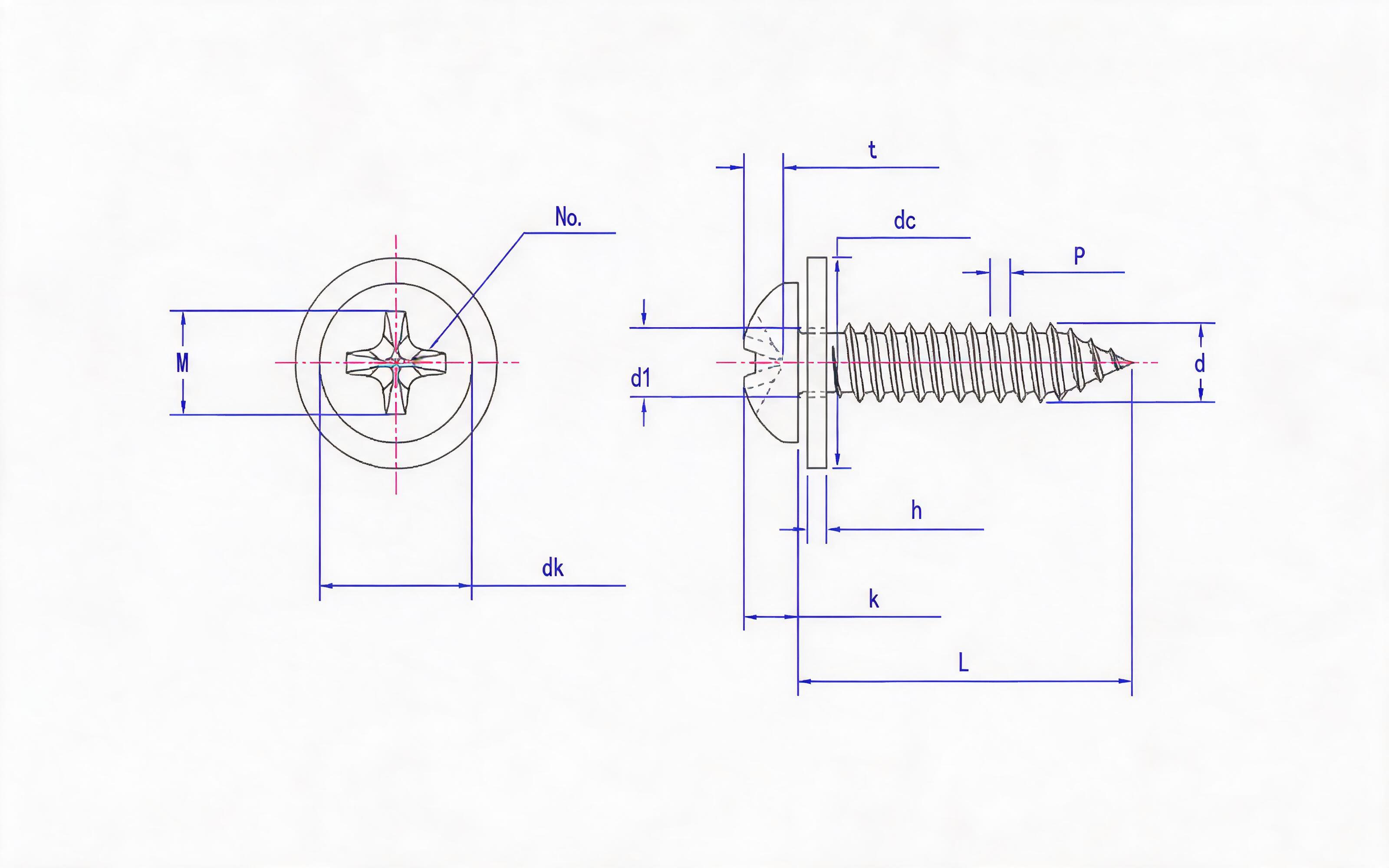 Cross recessed panhead self-tapping screw and flat washer combination type C Standard Drawing