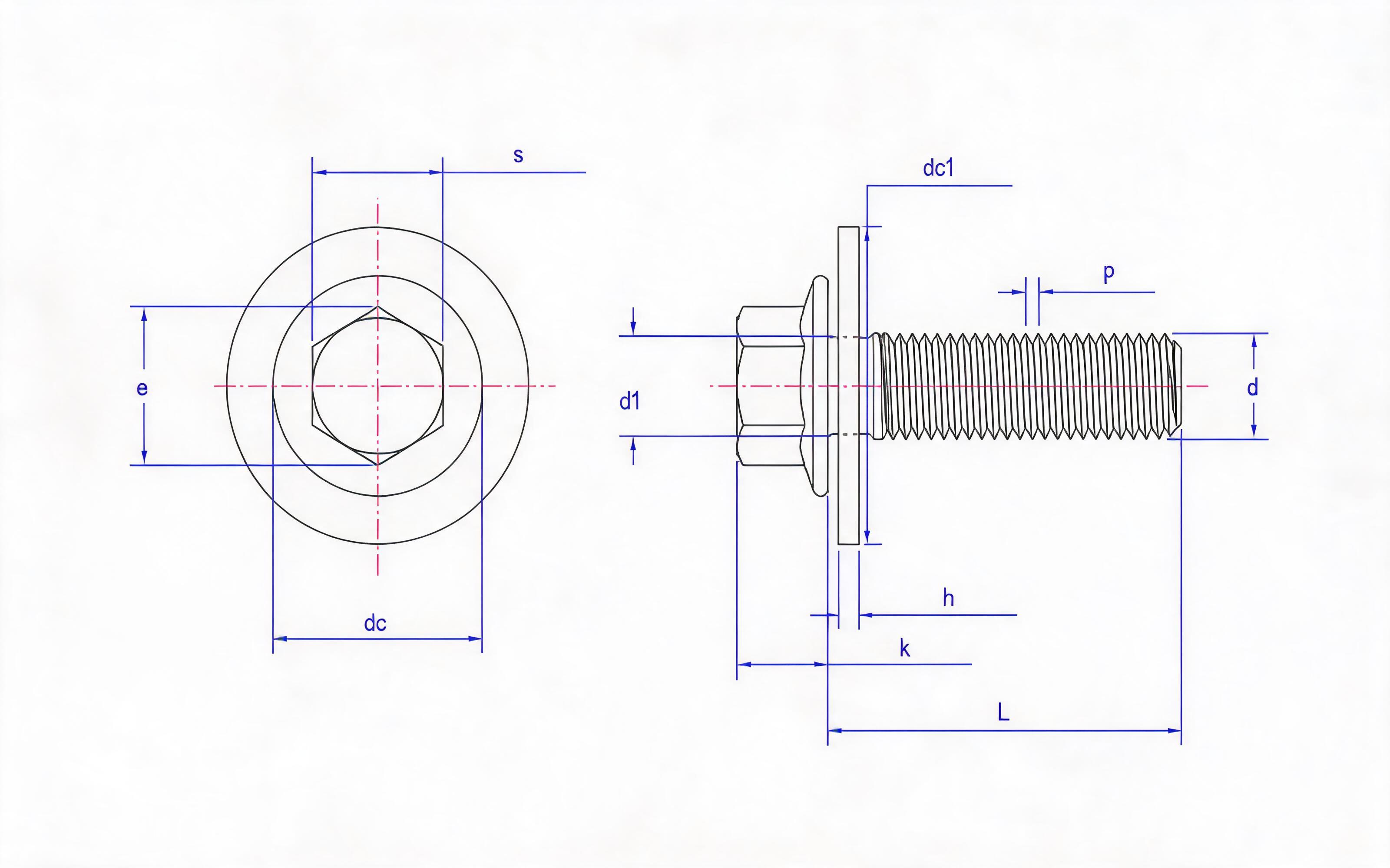 Hexagon flange bolt Small series fine thread (type F) and large flat washer combination (ISO 15072) Standard Drawing