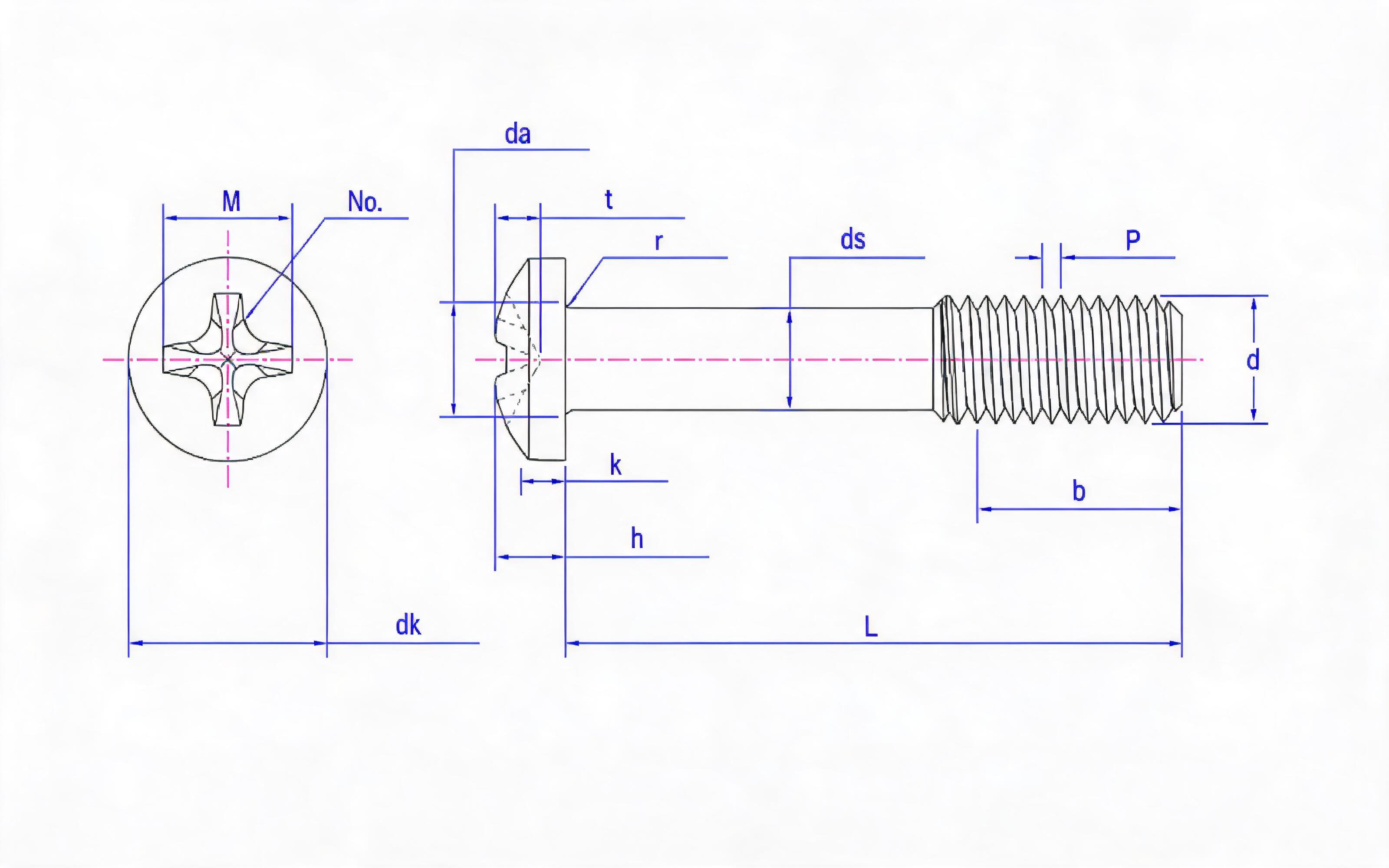 Cross recessed spherical cylindrical head screw L long thread (flat tail) Standard Drawing