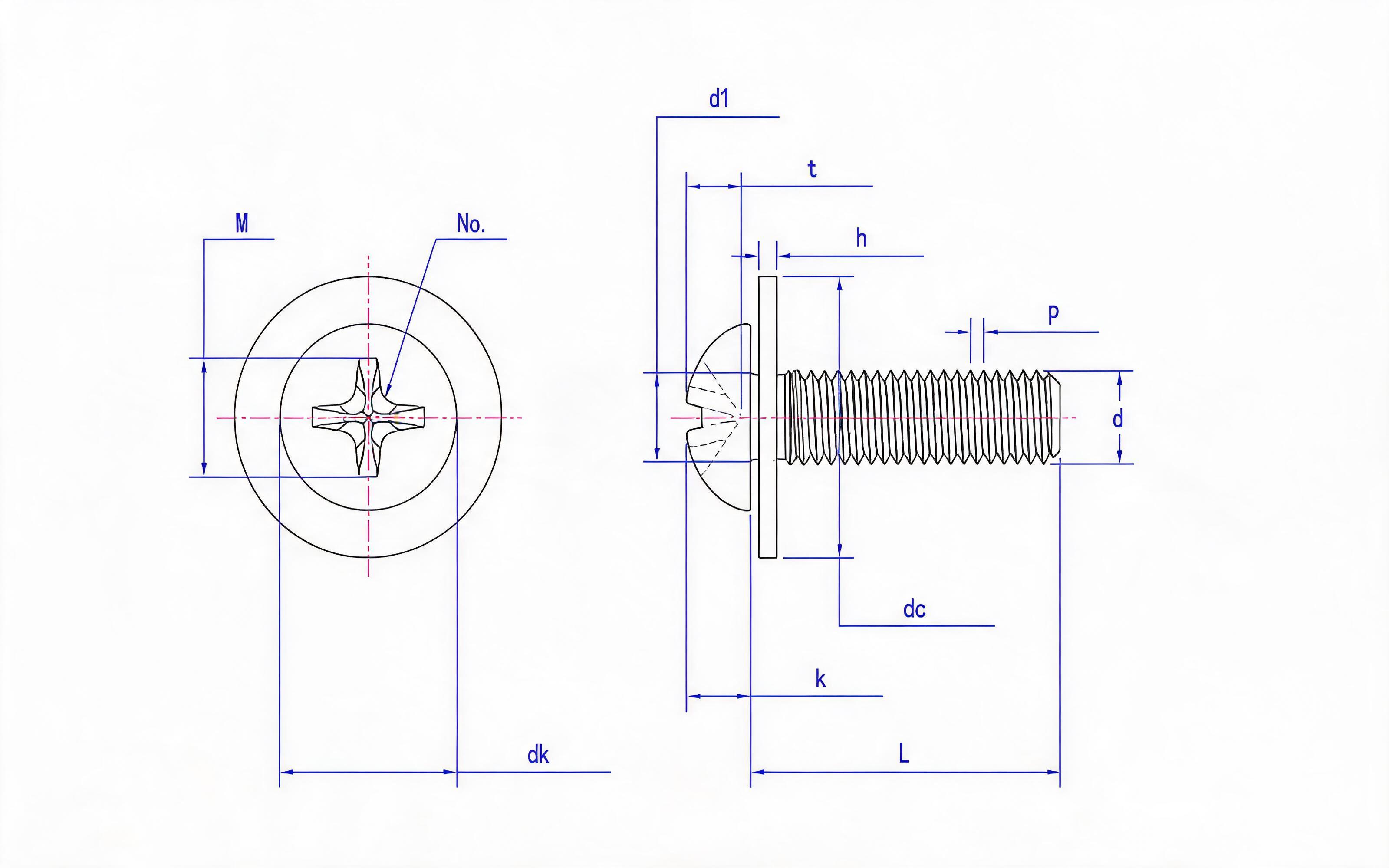Cross recessed panhead screw (H-shaped groove) and large flat washer combination Standard Drawing