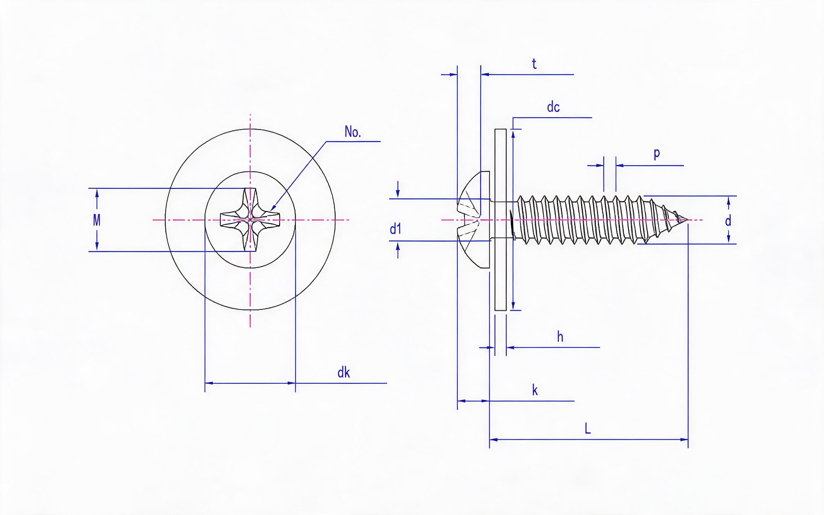 Cross recessed panhead self-tapping screw and large flat washer combination type C Standard Drawing