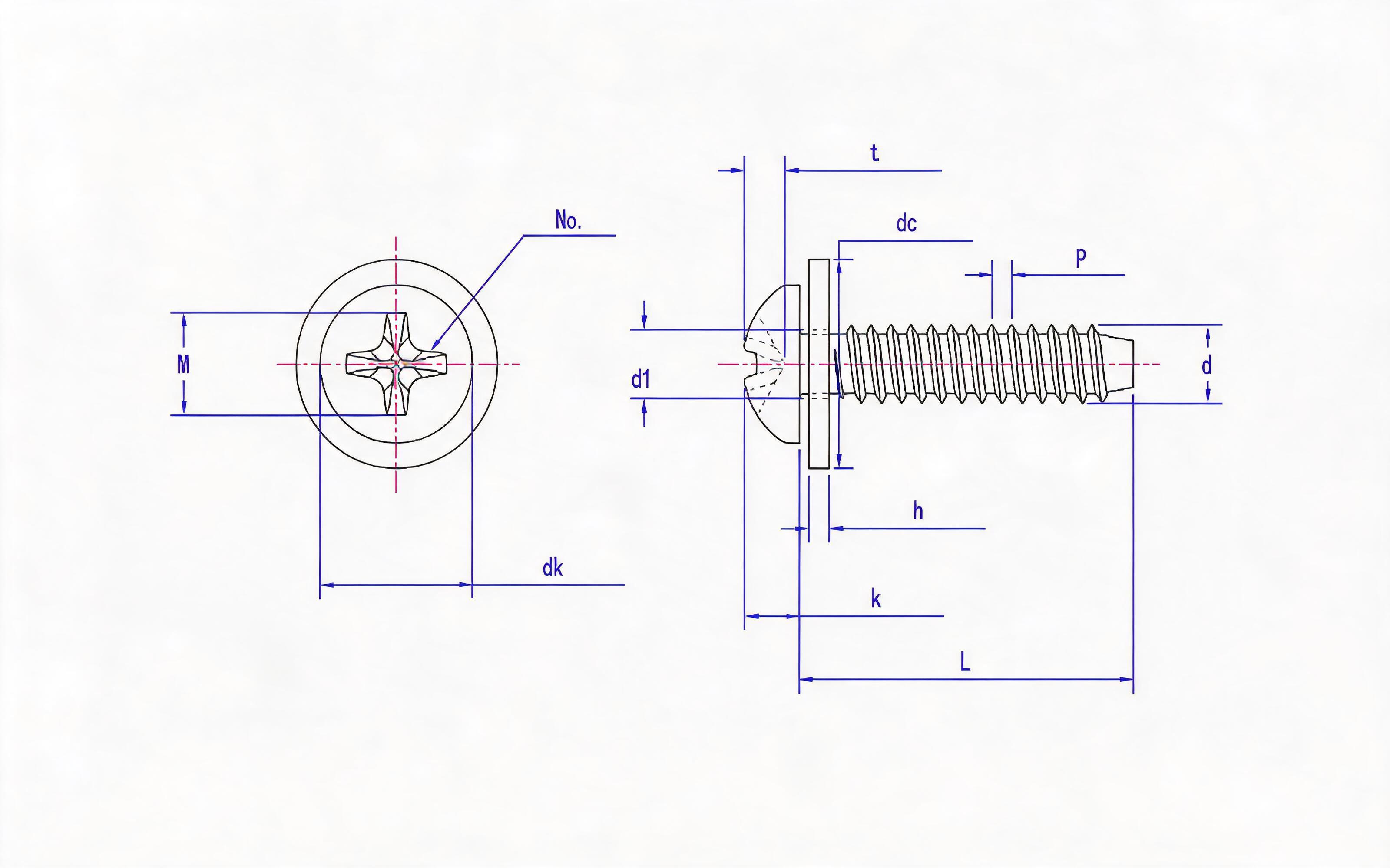 Cross recessed panhead self-tapping screw and flat washer combination type F Standard Drawing