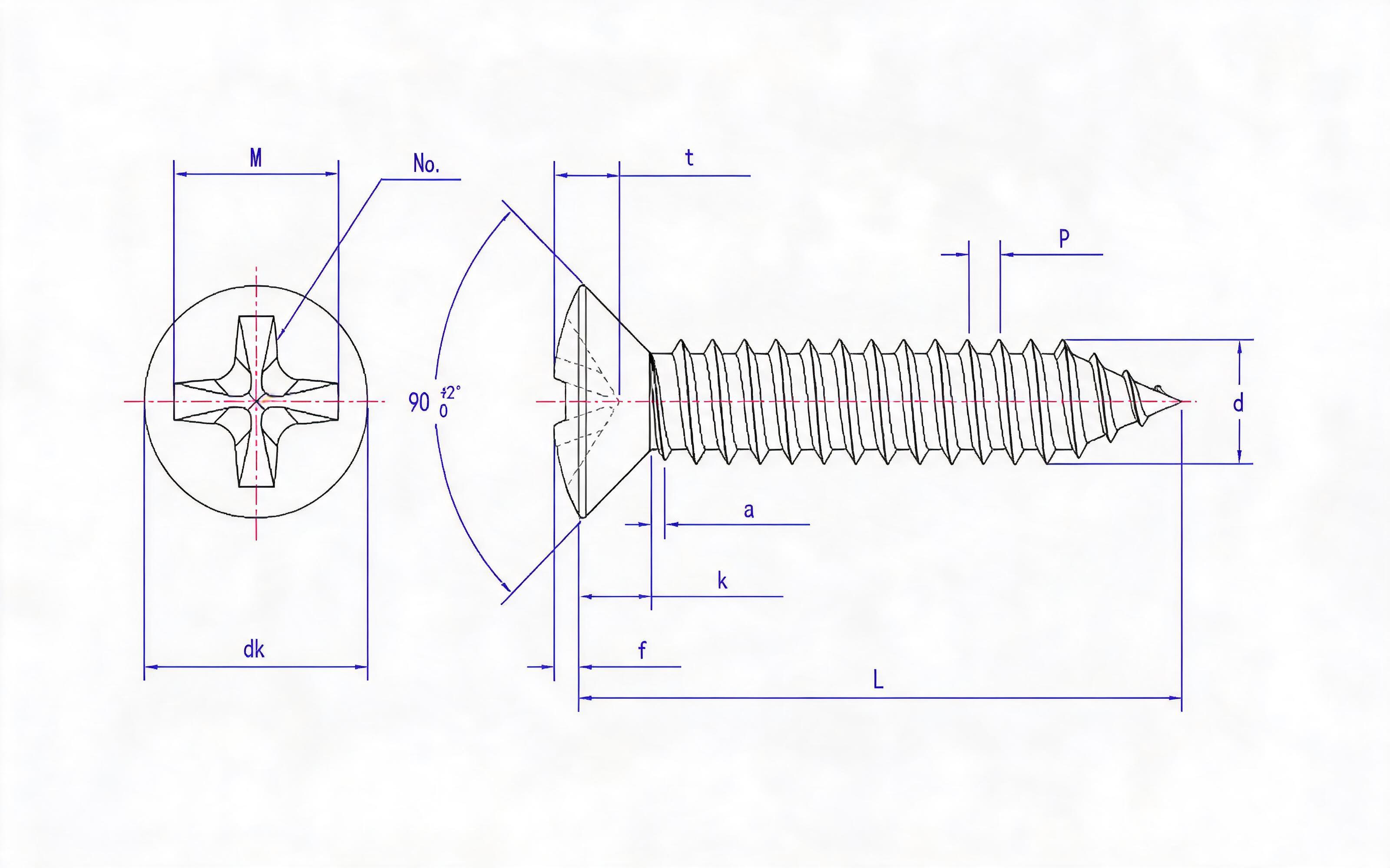 Cross recessed countersunk head self-tapping screw Type C Standard Drawing