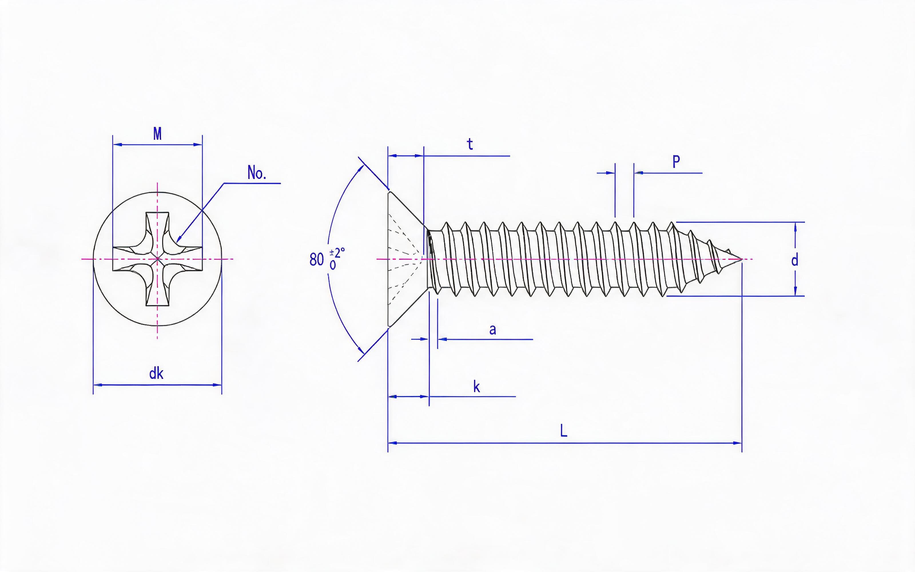 Cross recessed countersunk head self-tapping screw Type C Standard Drawing