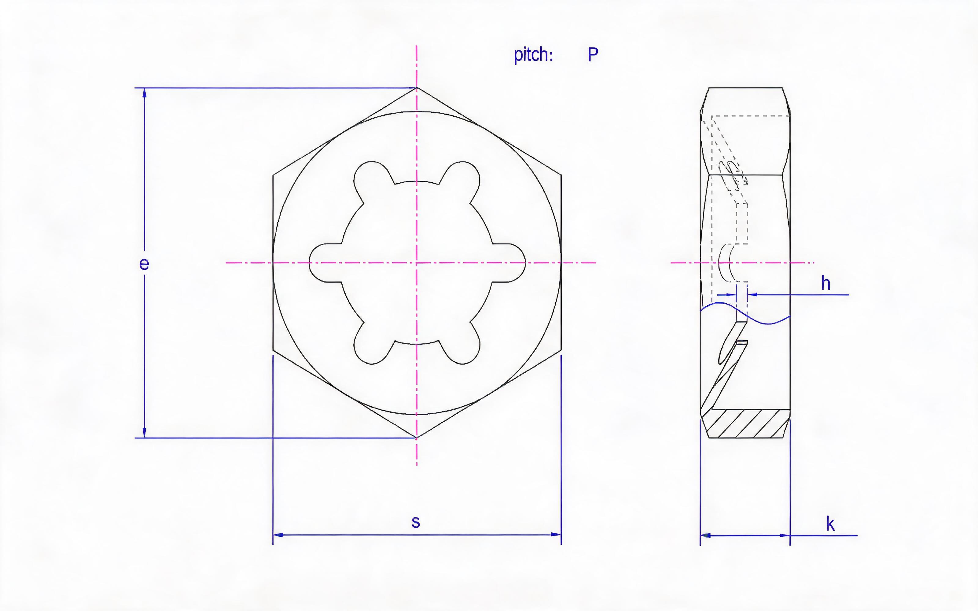 Fastener Nut (Metric Thread Series 1, 6 Locking Threads) Standard Drawing