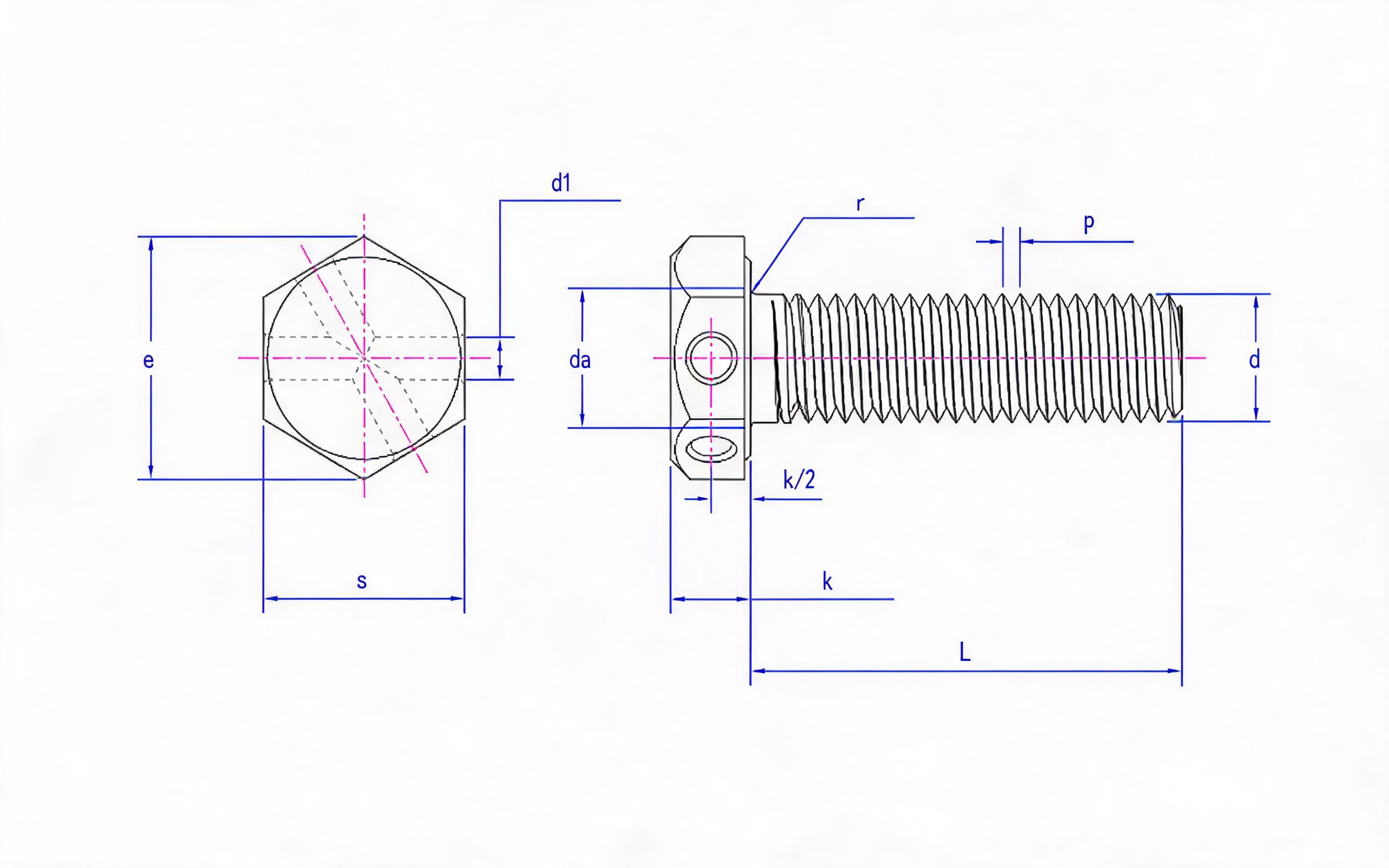 Hexagon head bolt with hole fine thread Standard Drawing