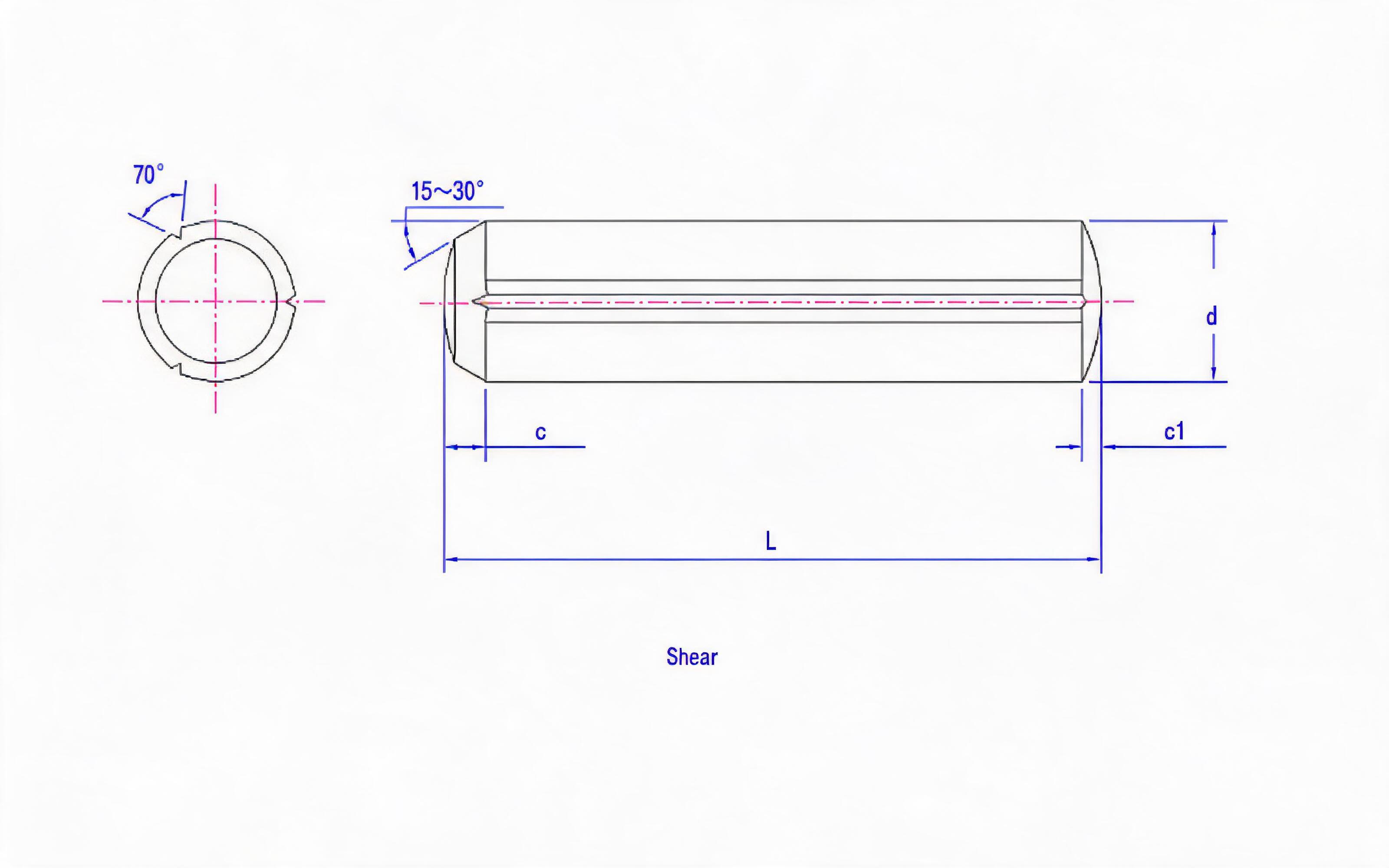 Grooved pin with chamfer and full-length parallel groove (Type B) Standard Drawing