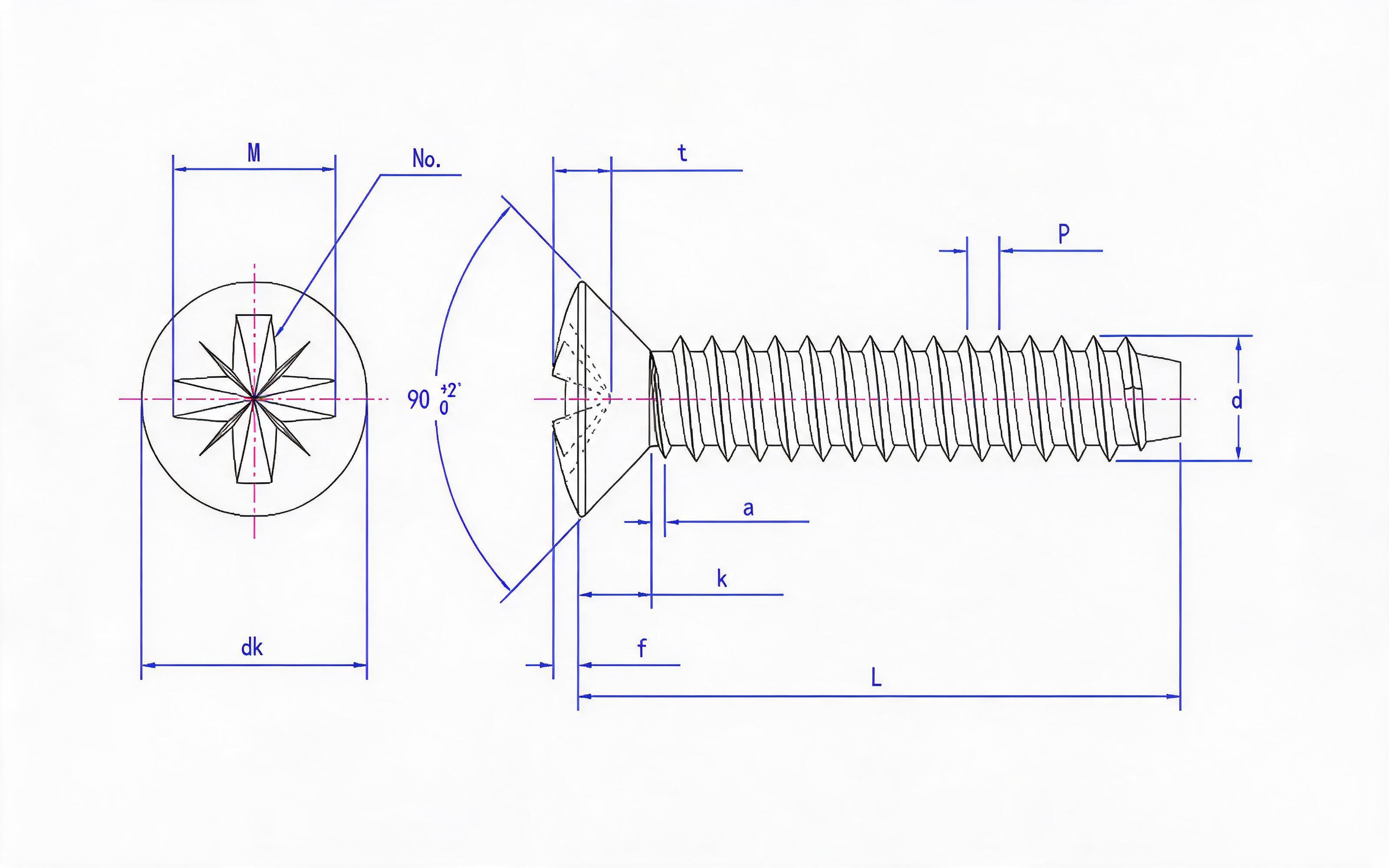 Type F countersunk head self-tapping screw with herringbone groove Standard Drawing