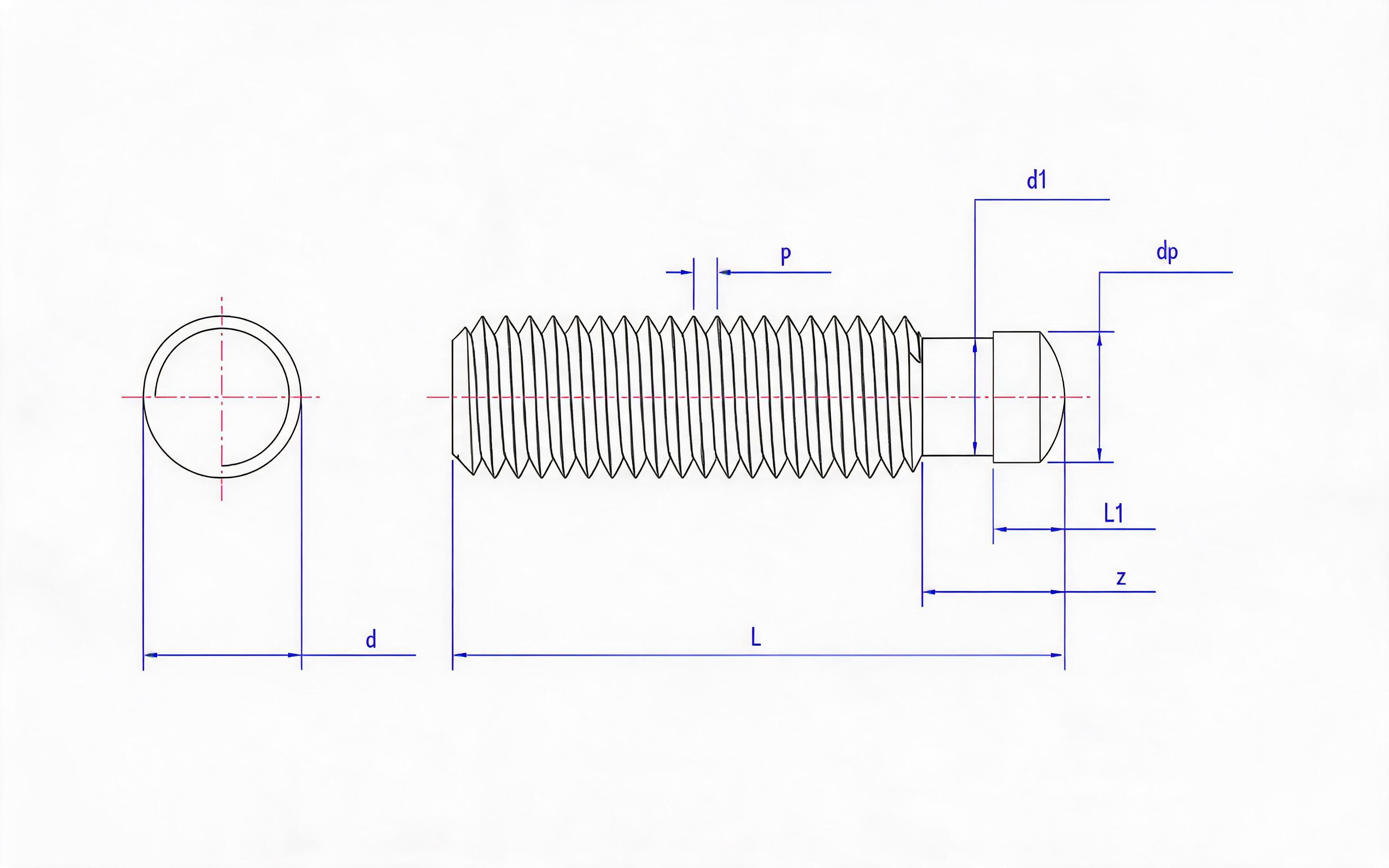 Set screw with thrust point (spherical cylindrical end) Standard Drawing