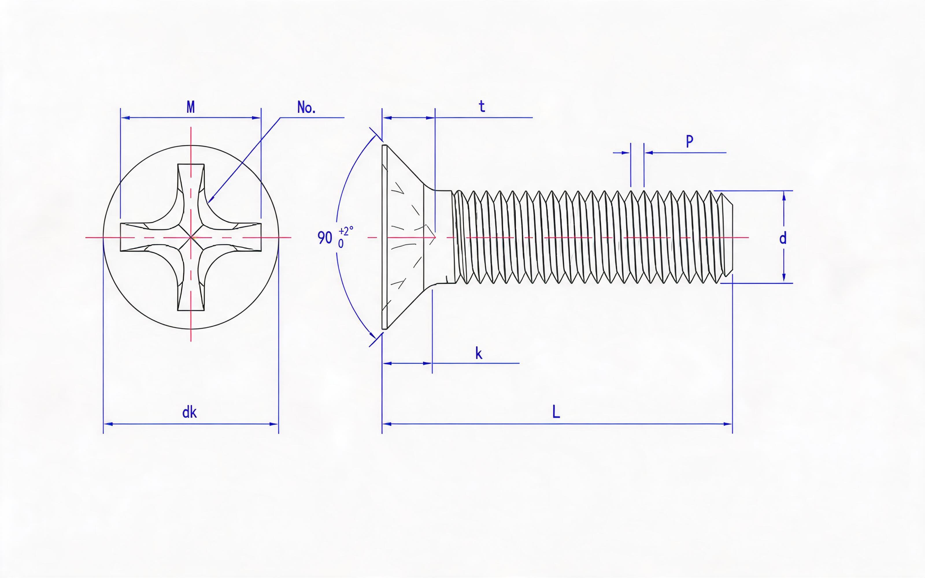 Grade 4.8 Cross recessed countersunk head screw (H-groove) Standard Drawing