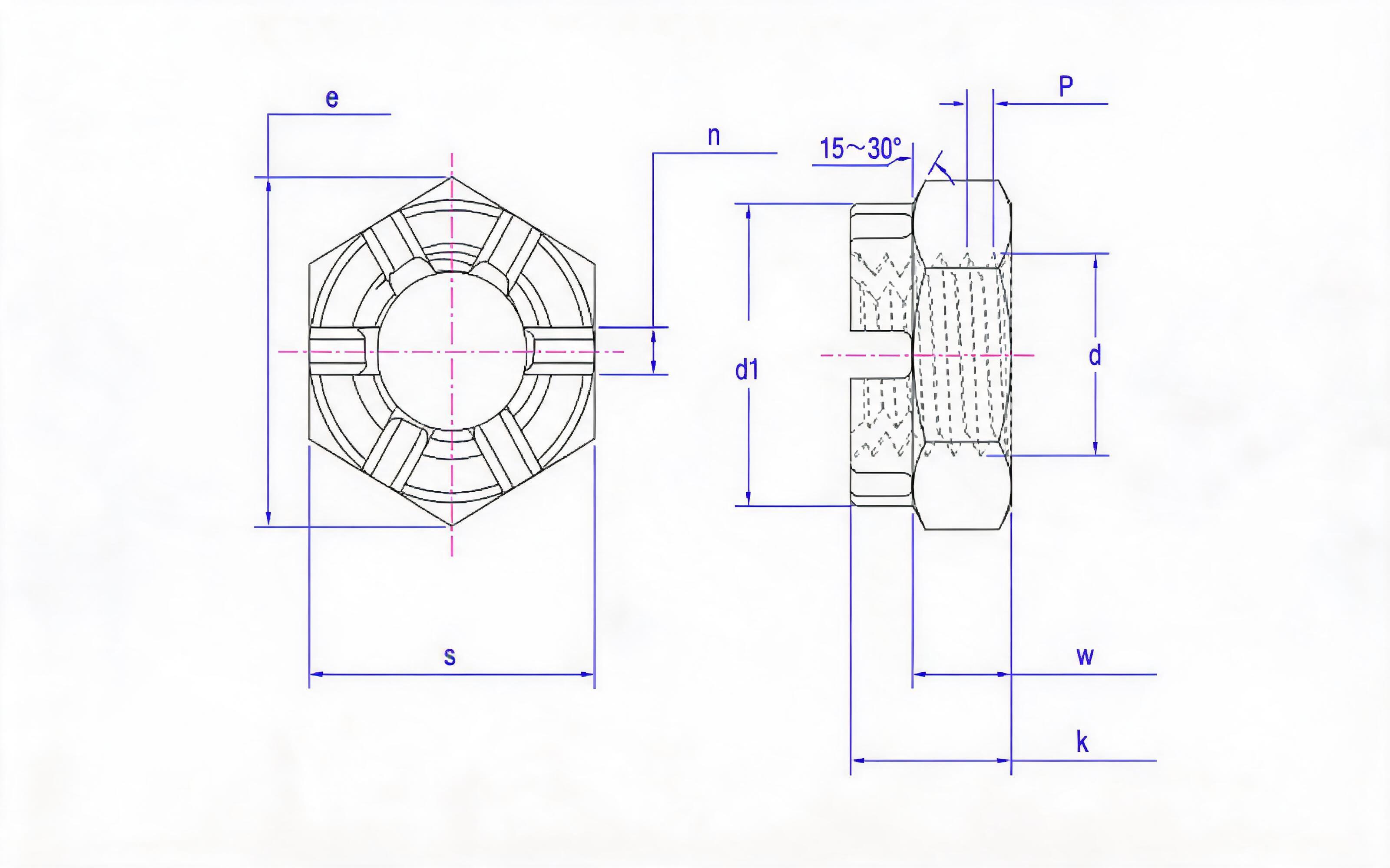SLOTTED CROWN THIN NUT Standard Drawing