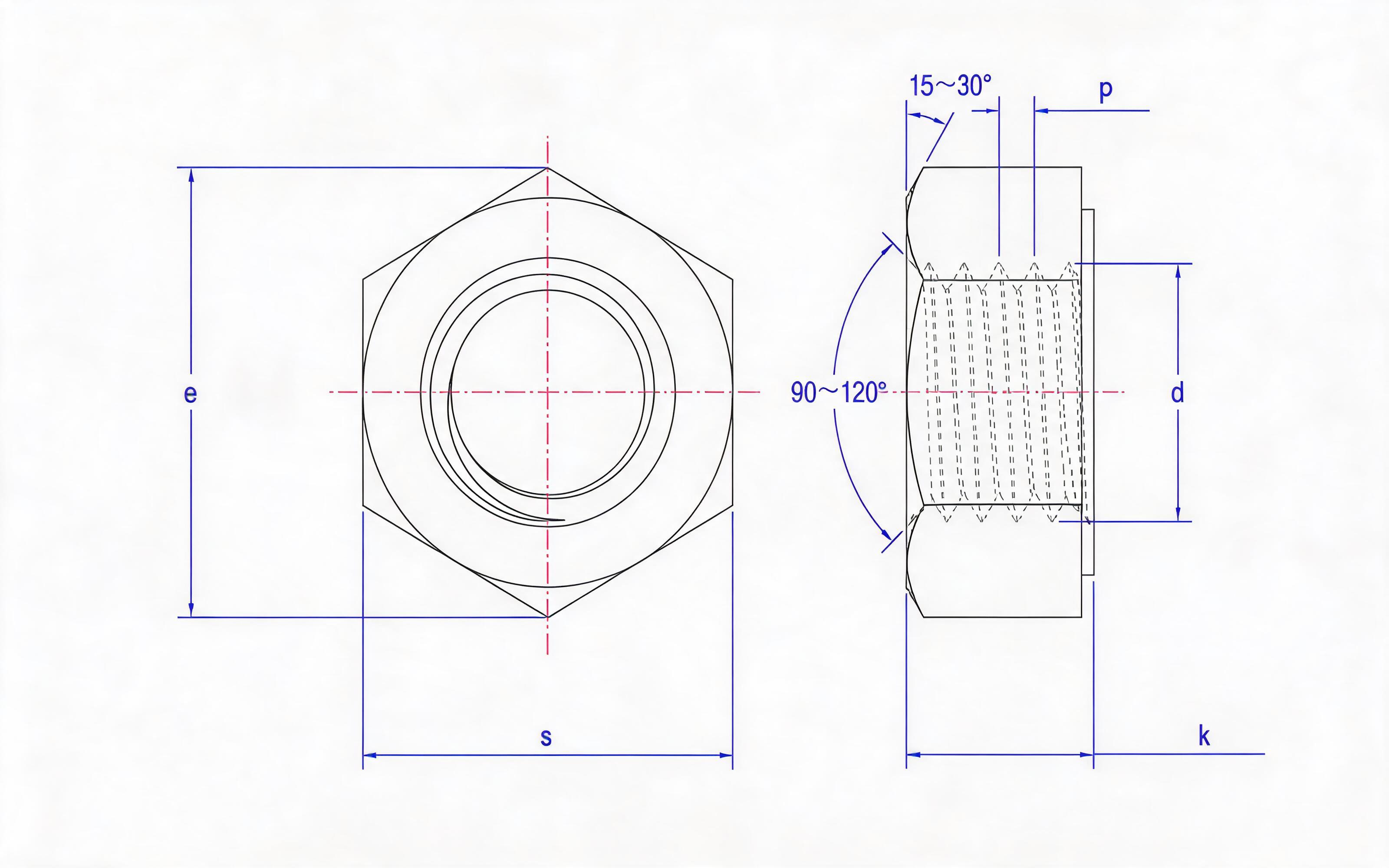 Type 2 single chamfered hexagon nut fine thread Standard Drawing